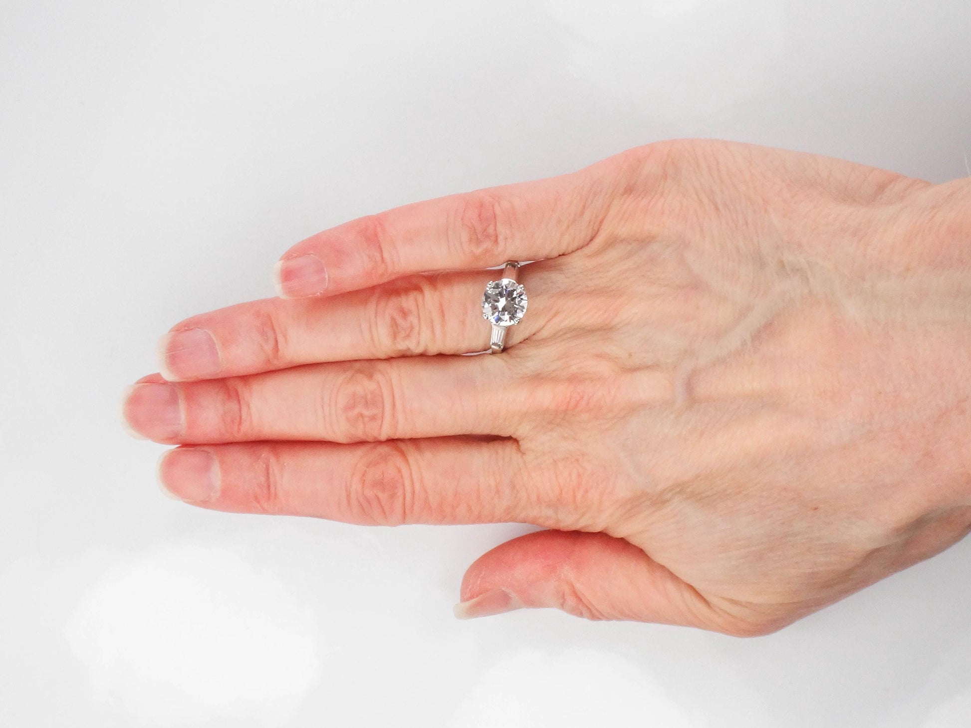 Vintage 14k Engagement Ring, Clear Spinel Ring, White Gold Imitation Diamond Ring with Baguettes, Travel Ring