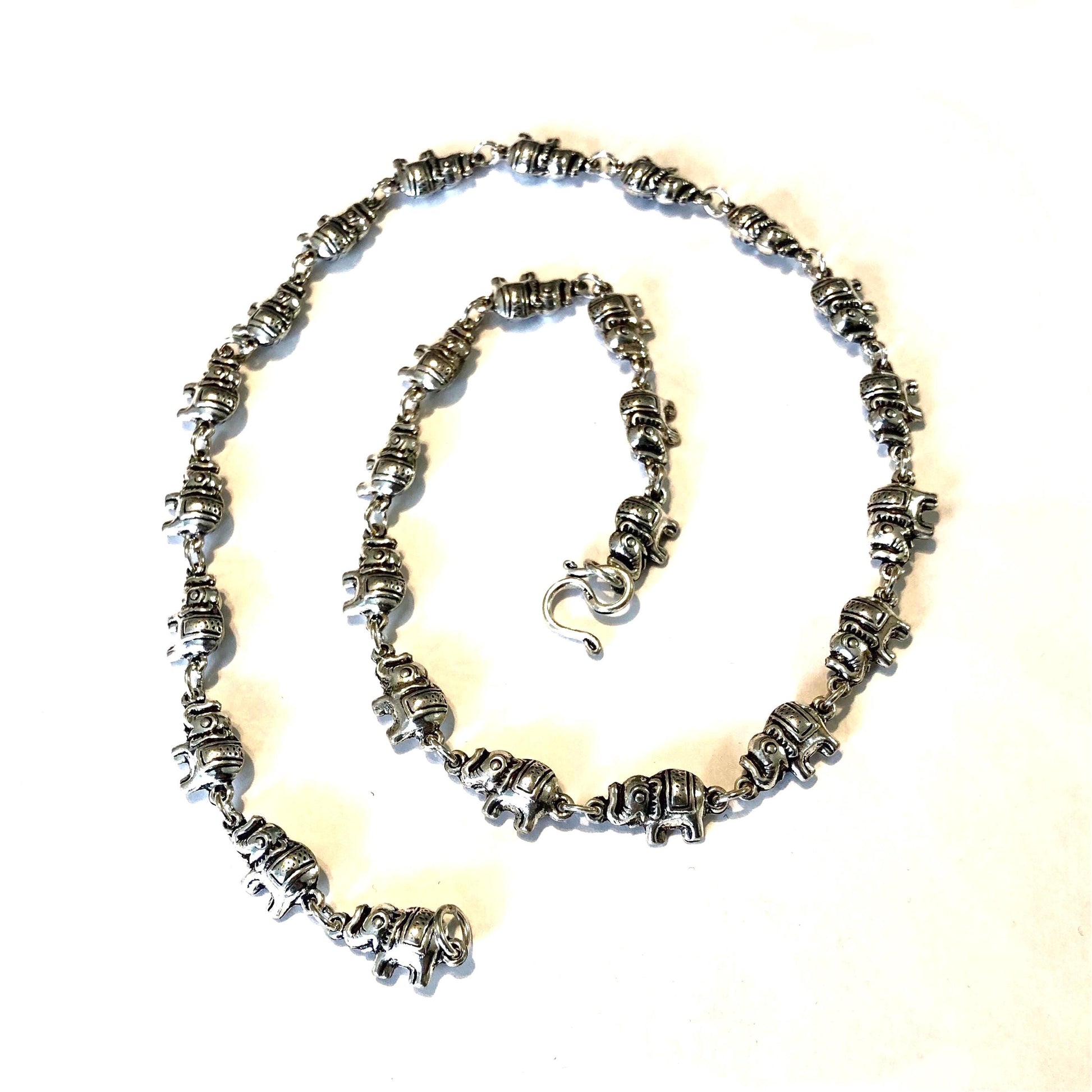 Vintage Sterling Silver Tiny Marching Elephants Necklace, 925 Good Luck Necklace 20"