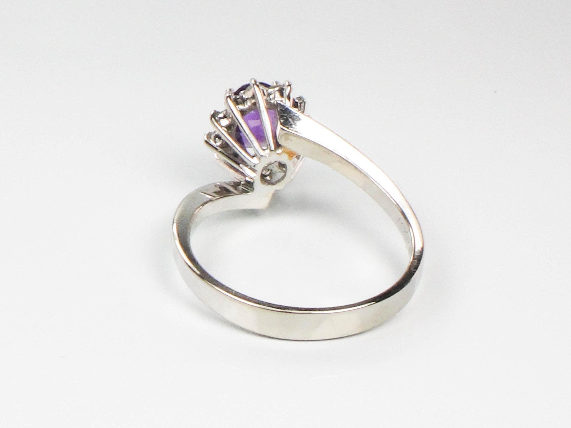 Vintage 14k White Gold Natural Amethyst and Diamond Halo Ring, Purple February Birthstone Ring, Size 7