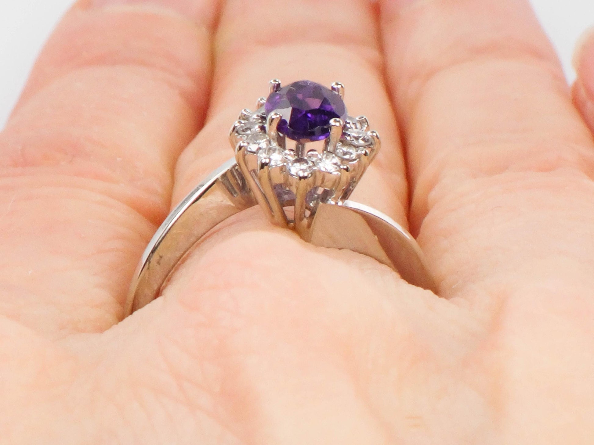 Vintage 14k White Gold Natural Amethyst and Diamond Halo Ring, Purple February Birthstone Ring, Size 7