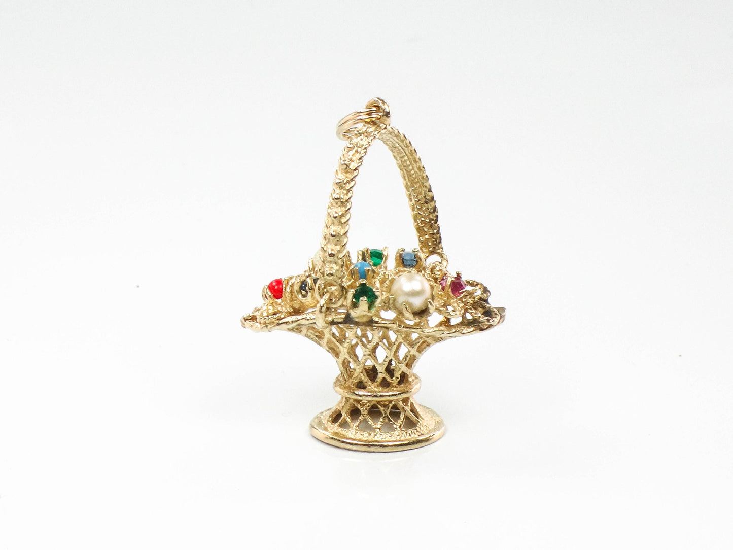 Vintage 14k Gold Basket of Flowers Charm, 3-D Yellow Gold Floral Gemstones Pendant