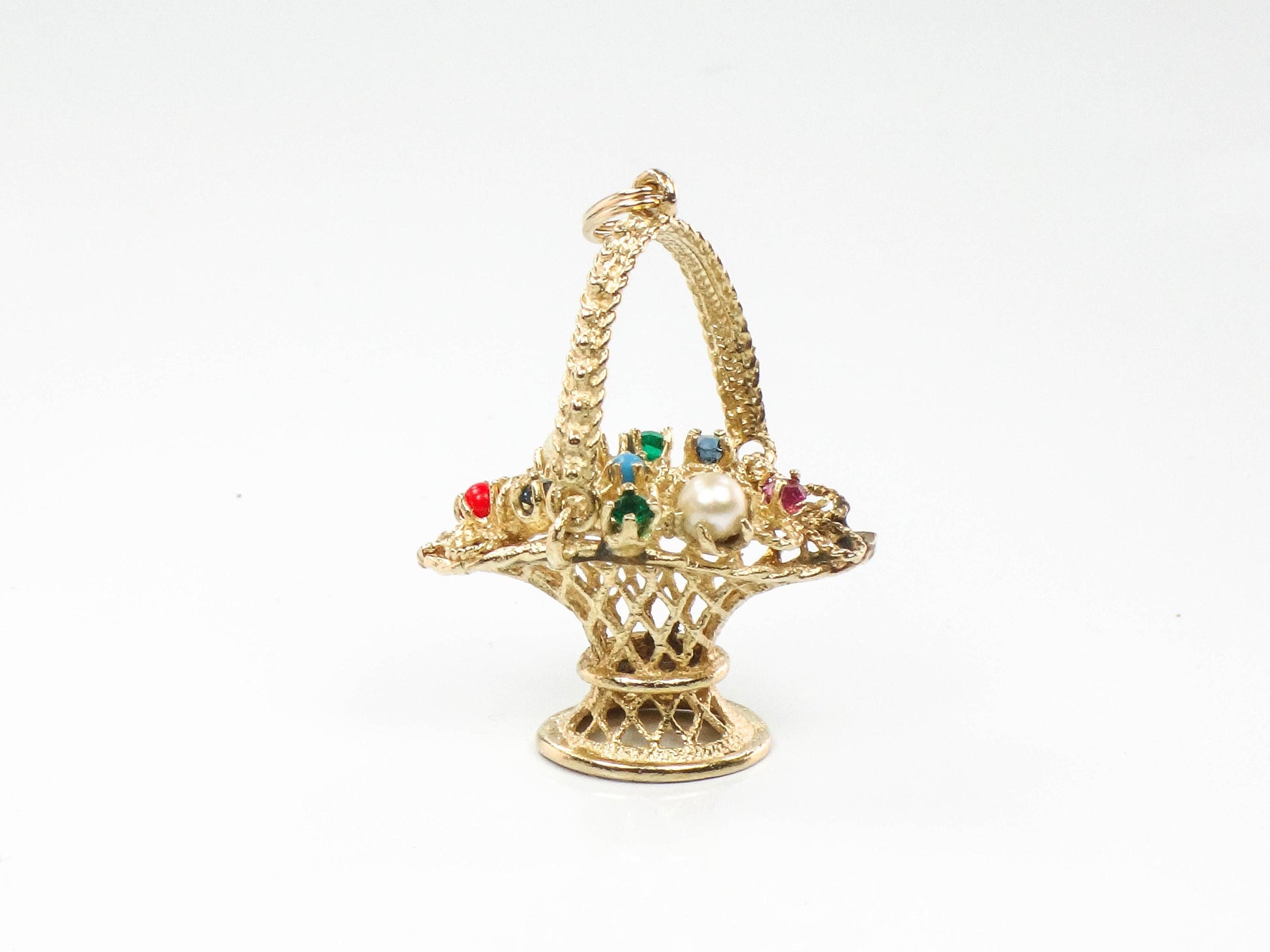 Vintage 14k Gold Basket of Flowers Charm, 3-D Yellow Gold Floral Gemstones Pendant