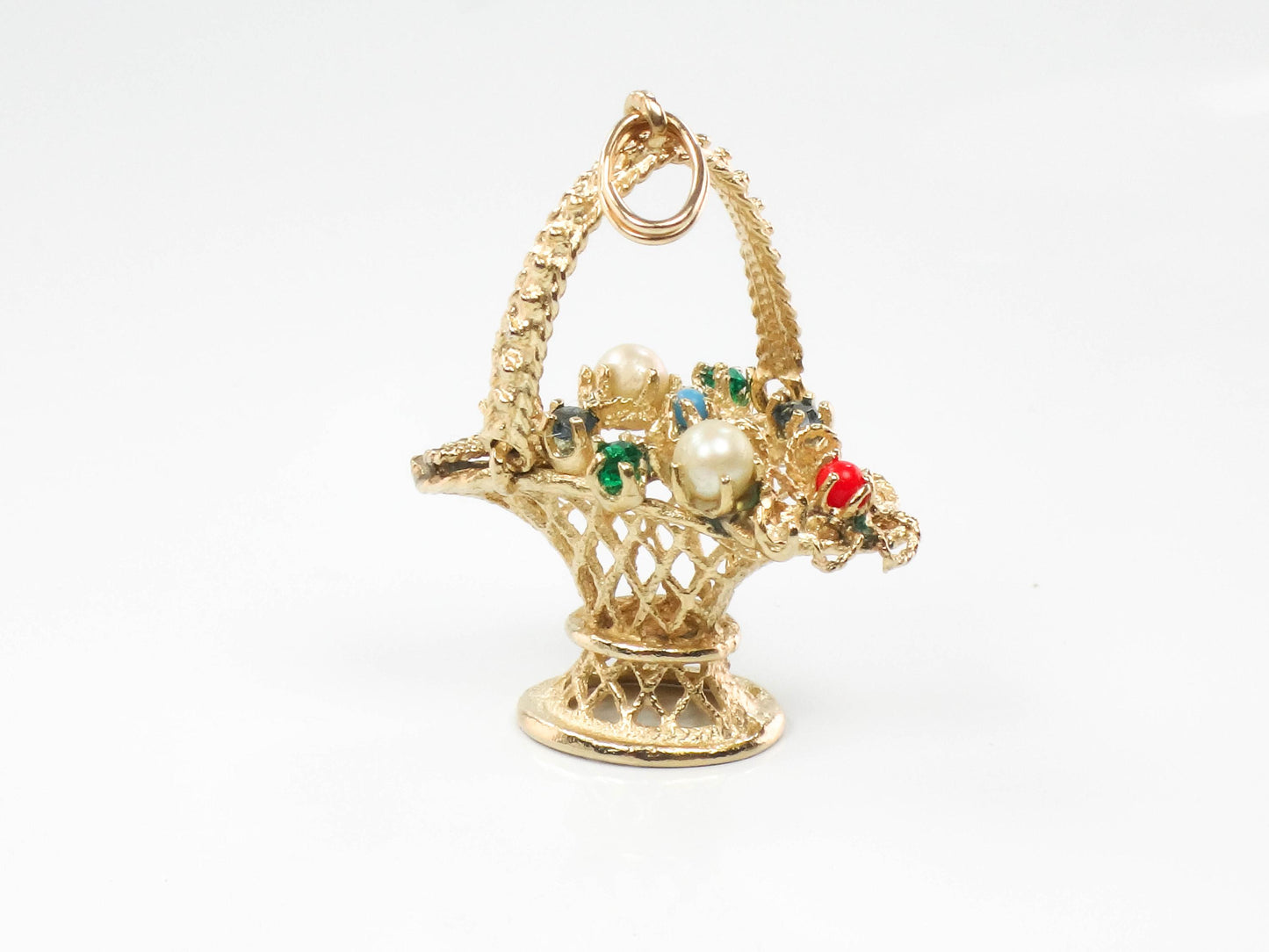 Vintage 14k Gold Basket of Flowers Charm, 3-D Yellow Gold Floral Gemstones Pendant