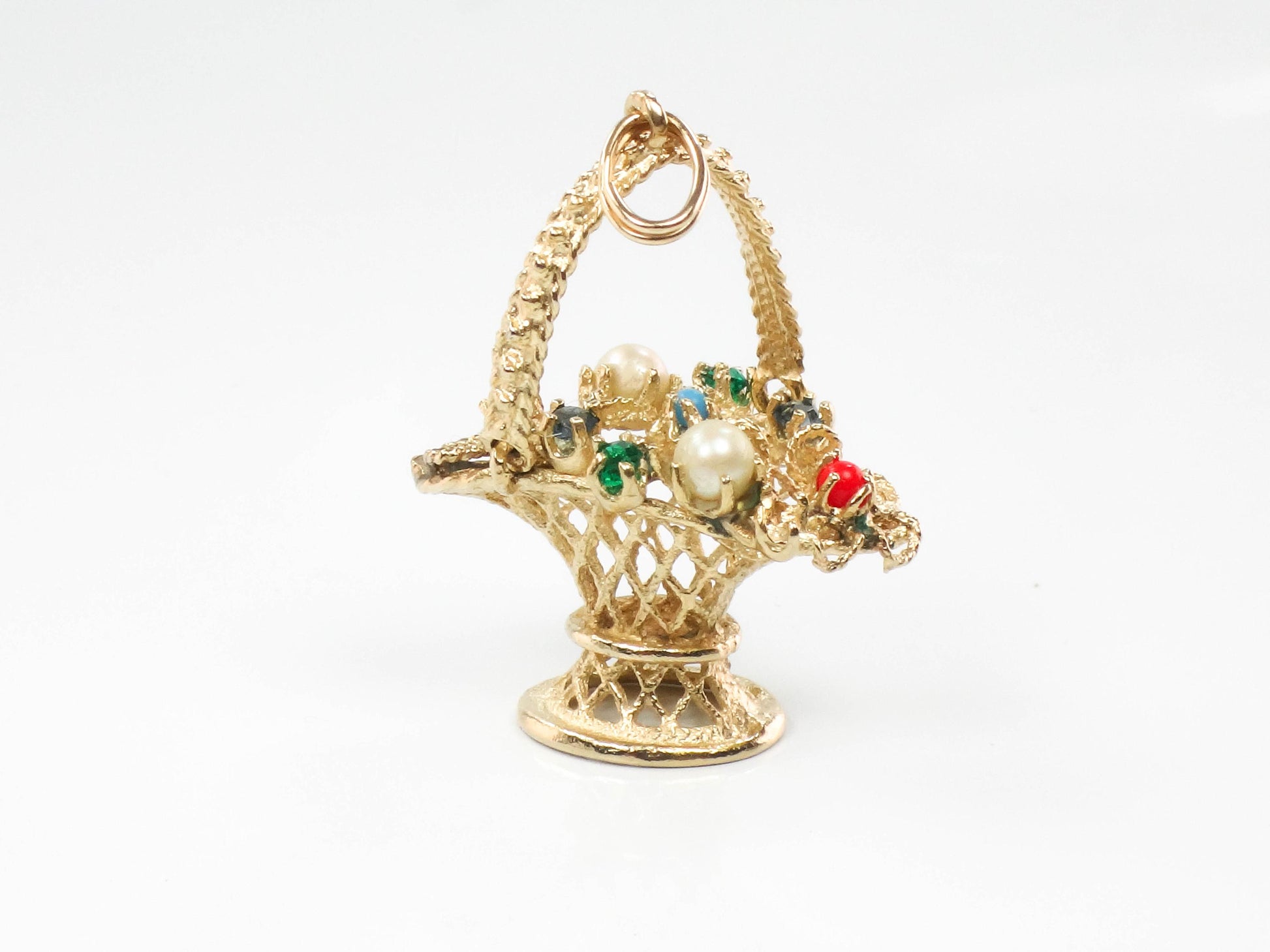 Vintage 14k Gold Basket of Flowers Charm, 3-D Yellow Gold Floral Gemstones Pendant