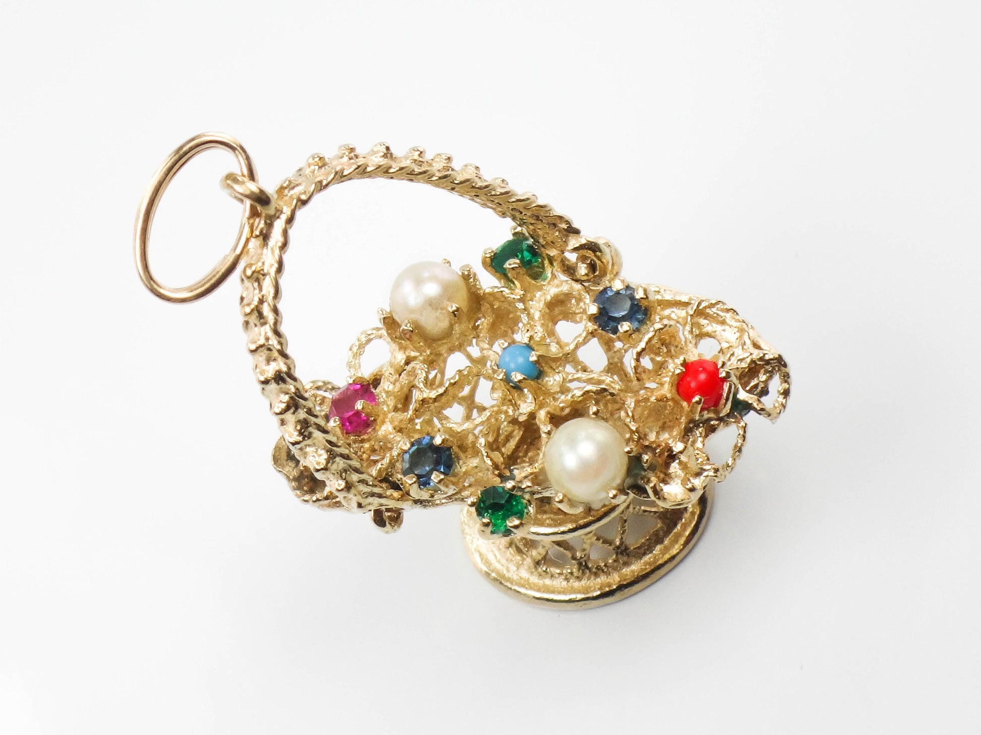 Vintage 14k Gold Basket of Flowers Charm, 3-D Yellow Gold Floral Gemstones Pendant