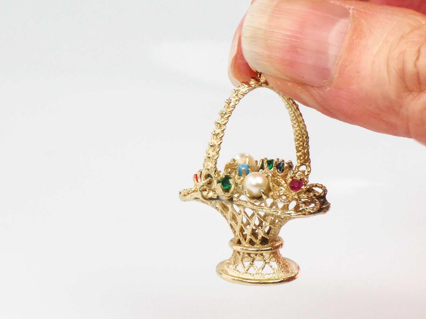 Vintage 14k Gold Basket of Flowers Charm, 3-D Yellow Gold Floral Gemstones Pendant