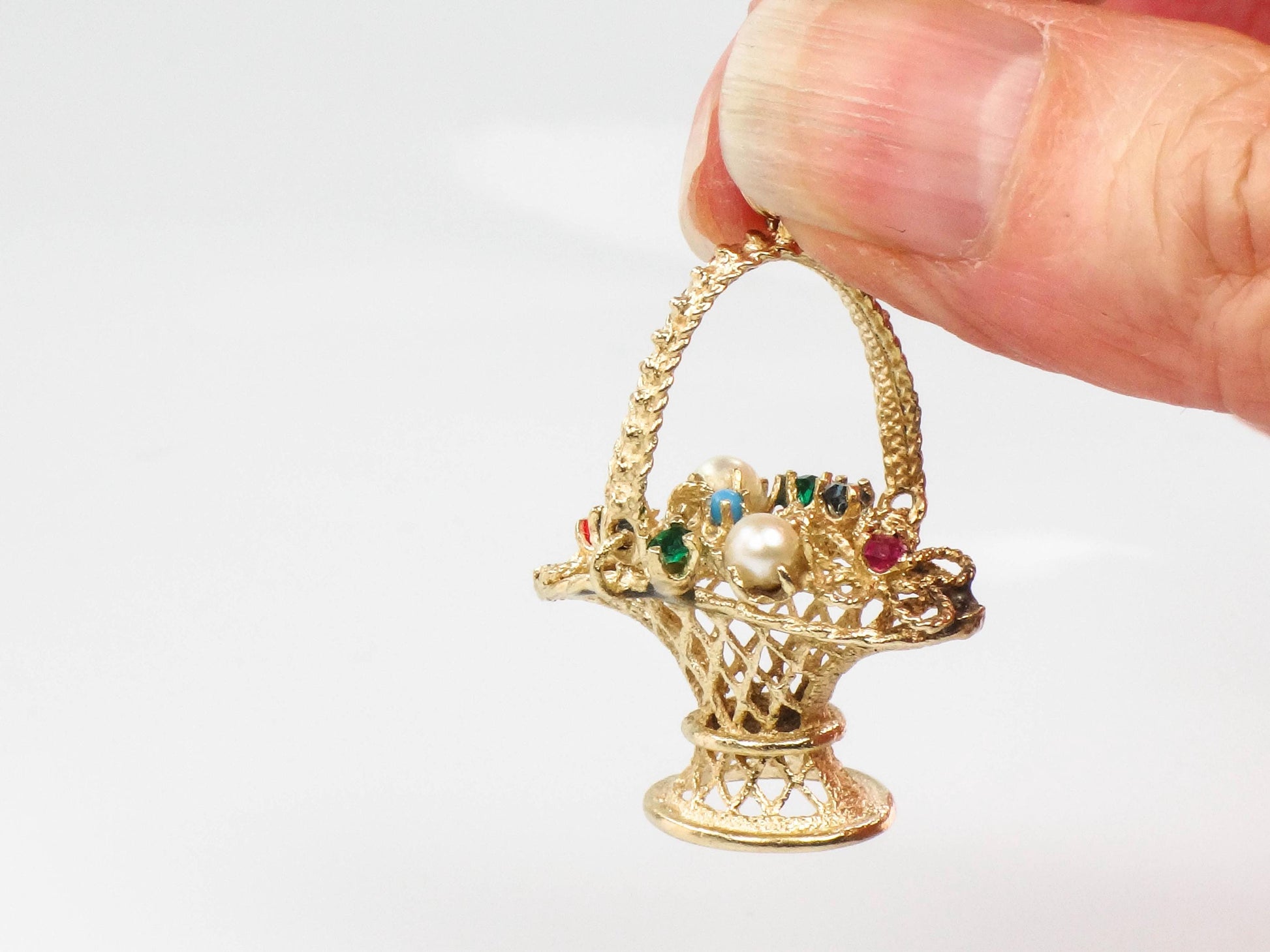 Vintage 14k Gold Basket of Flowers Charm, 3-D Yellow Gold Floral Gemstones Pendant