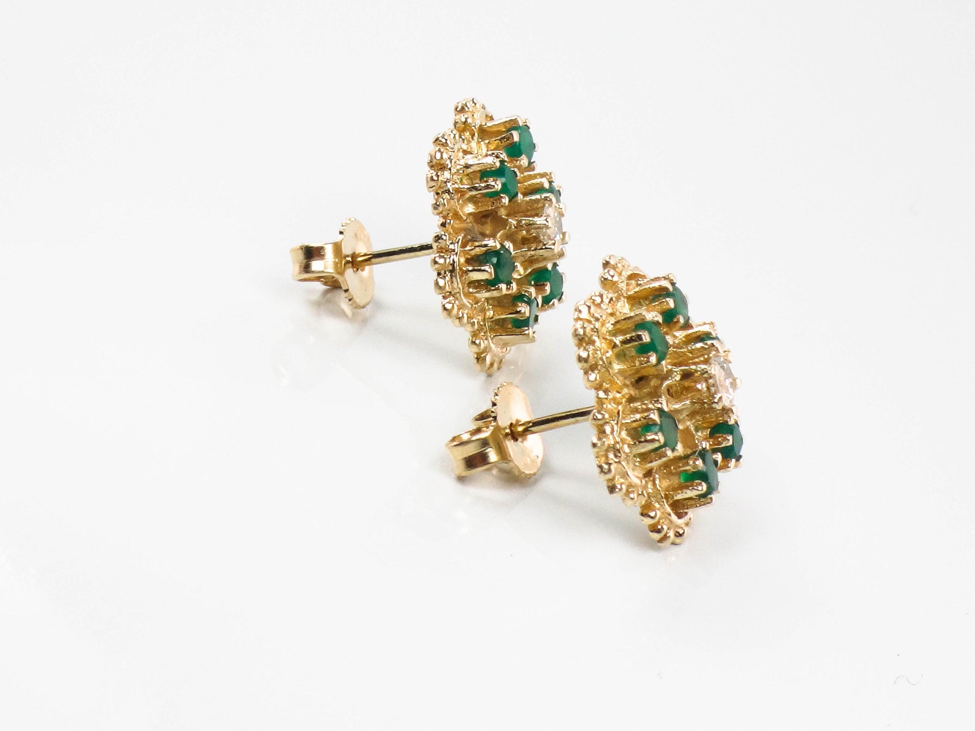 Vintage 14k Yellow Gold Natural Emerald and Diamond Floral Stud Earrings - Post Back Emerald Cluster Earrings - Green May Birthstone Studs