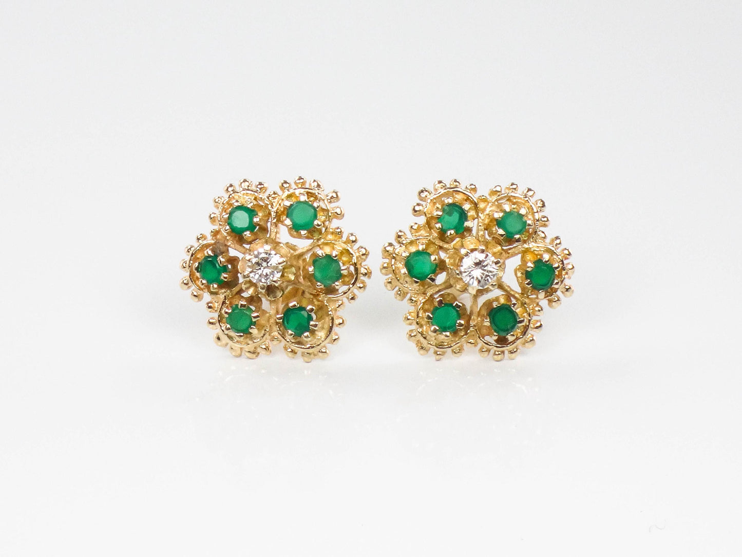 Vintage 14k Yellow Gold Natural Emerald and Diamond Floral Stud Earrings - Post Back Emerald Cluster Earrings - Green May Birthstone Studs