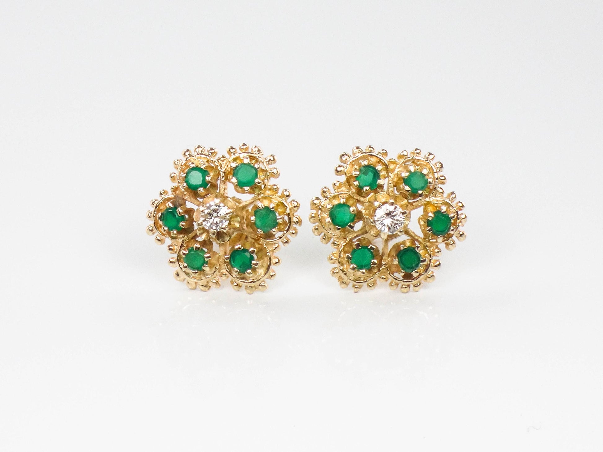 Vintage 14k Yellow Gold Natural Emerald and Diamond Floral Stud Earrings - Post Back Emerald Cluster Earrings - Green May Birthstone Studs