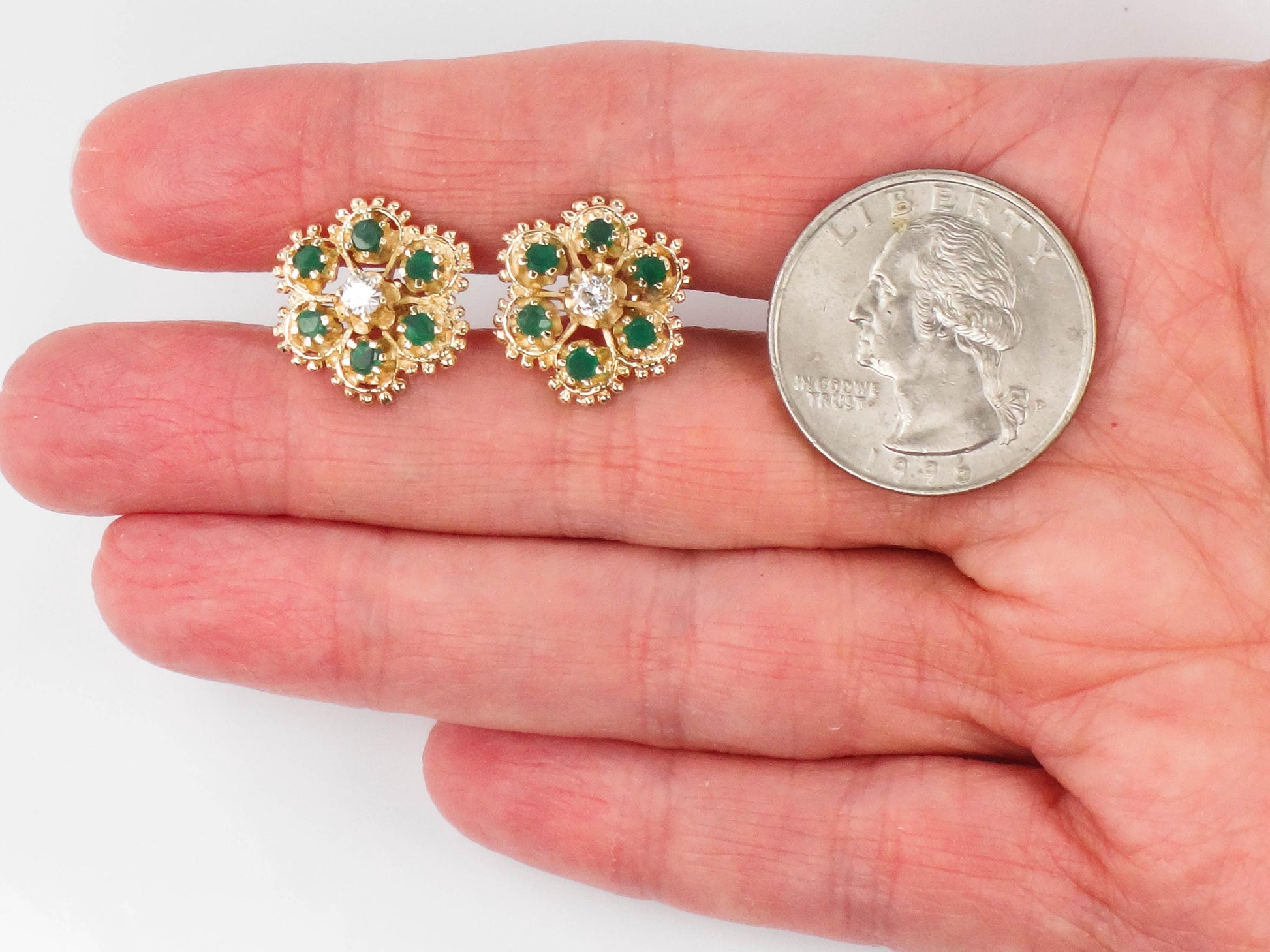 Vintage 14k Yellow Gold Natural Emerald and Diamond Floral Stud Earrings - Post Back Emerald Cluster Earrings - Green May Birthstone Studs