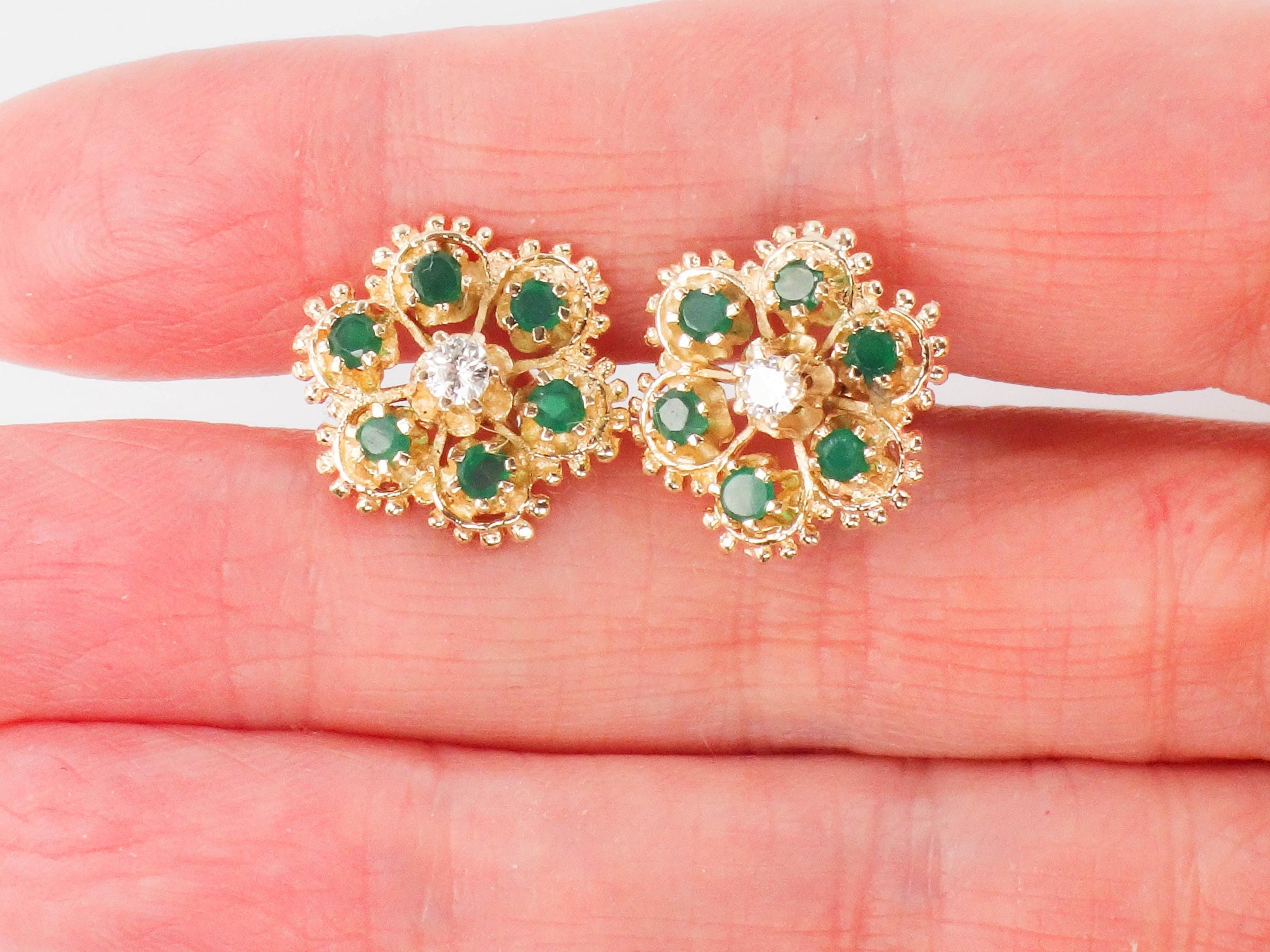 Vintage 14k Yellow Gold Natural Emerald and Diamond Floral Stud Earrings - Post Back Emerald Cluster Earrings - Green May Birthstone Studs