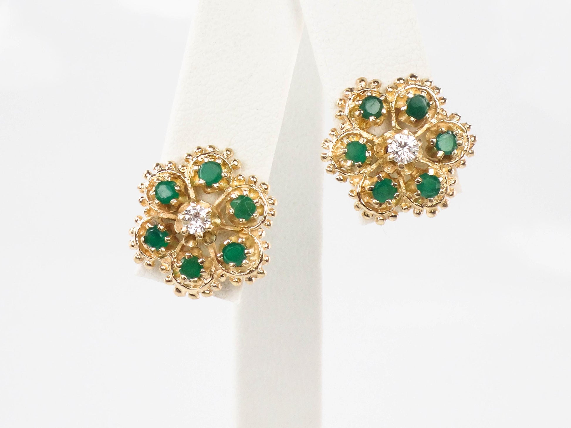 Vintage 14k Yellow Gold Natural Emerald and Diamond Floral Stud Earrings - Post Back Emerald Cluster Earrings - Green May Birthstone Studs