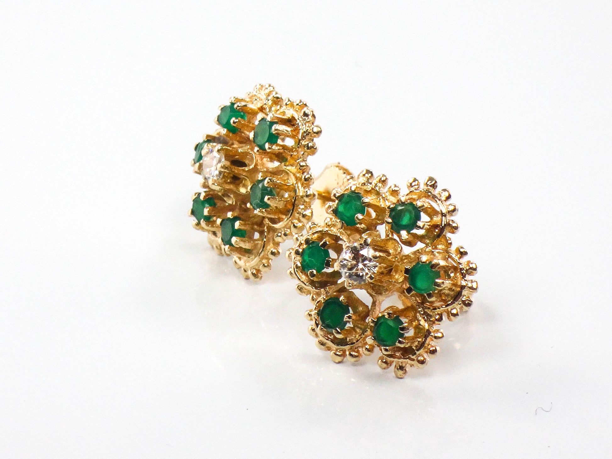 Vintage 14k Yellow Gold Natural Emerald and Diamond Floral Stud Earrings - Post Back Emerald Cluster Earrings - Green May Birthstone Studs