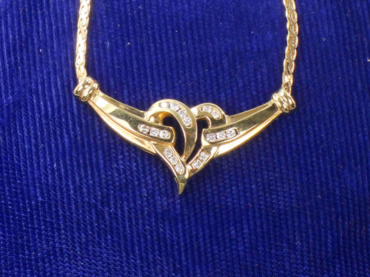 Vintage 14k Yellow Gold Diamond Heart Necklace 17" Anniversary Gift Bridal Necklace