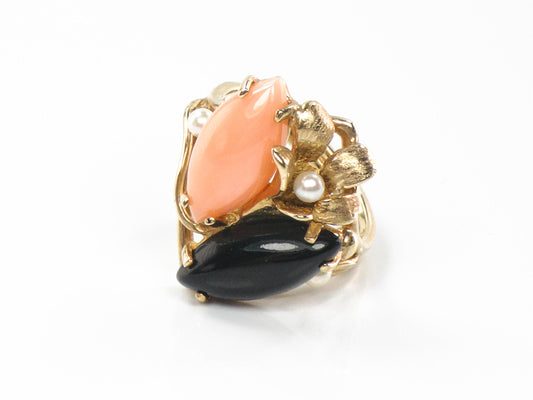 Vintage 14k Yellow Gold Angel Skin Coral, Onyx and Pearl Ring, Floral Pink Coral Ring Size 6.5