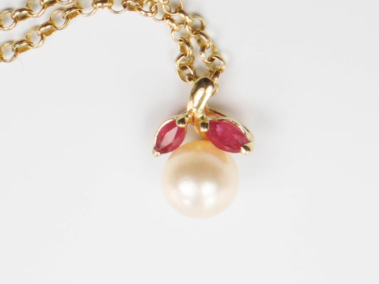 Vintage Solid Yellow Gold Pearl and Ruby Drop Necklace, 14k Cultured Pearl Pendant on 18k Chain, Bridal Necklace 16"