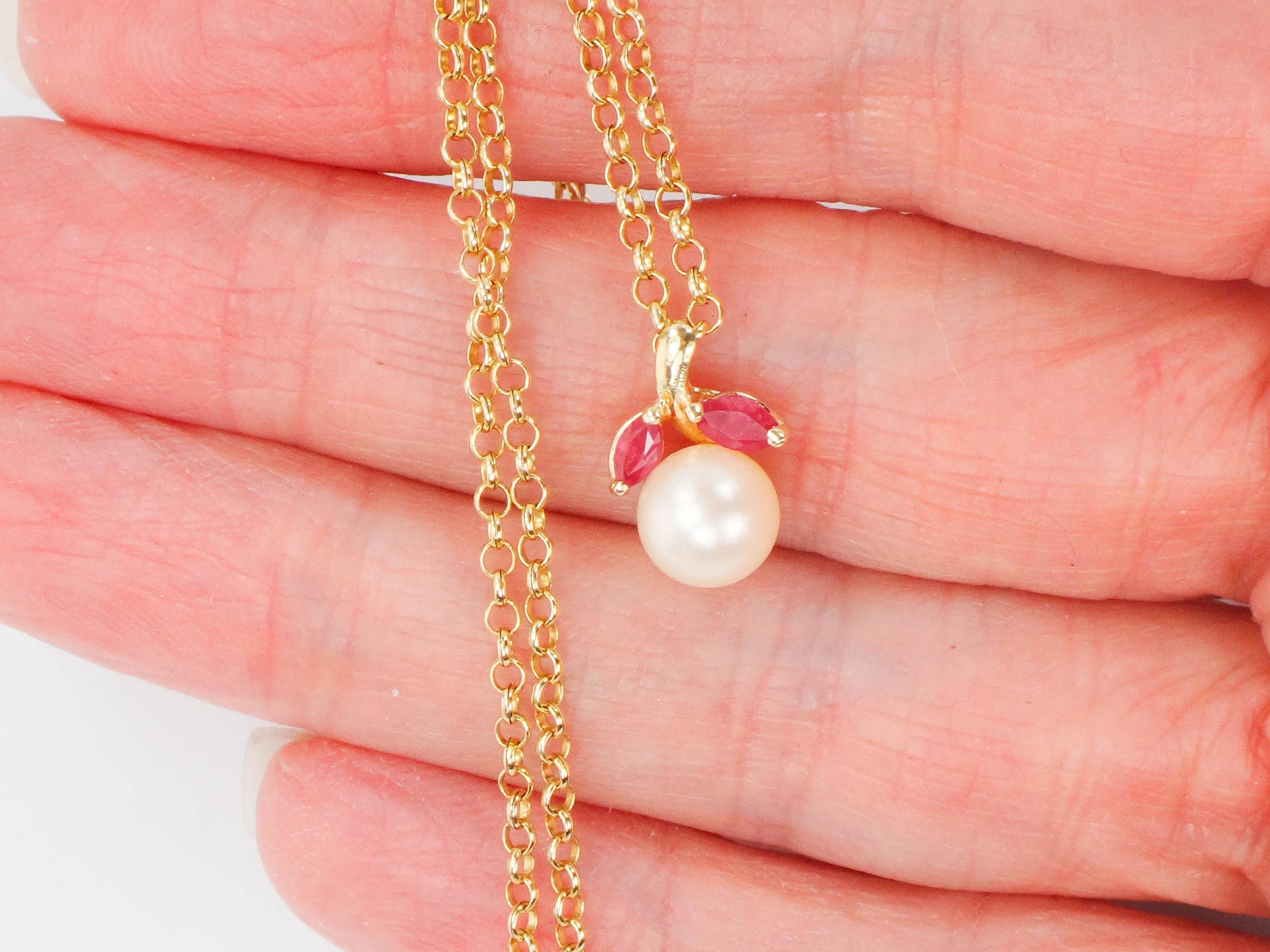 Vintage Solid Yellow Gold Pearl and Ruby Drop Necklace, 14k Cultured Pearl Pendant on 18k Chain, Bridal Necklace 16"