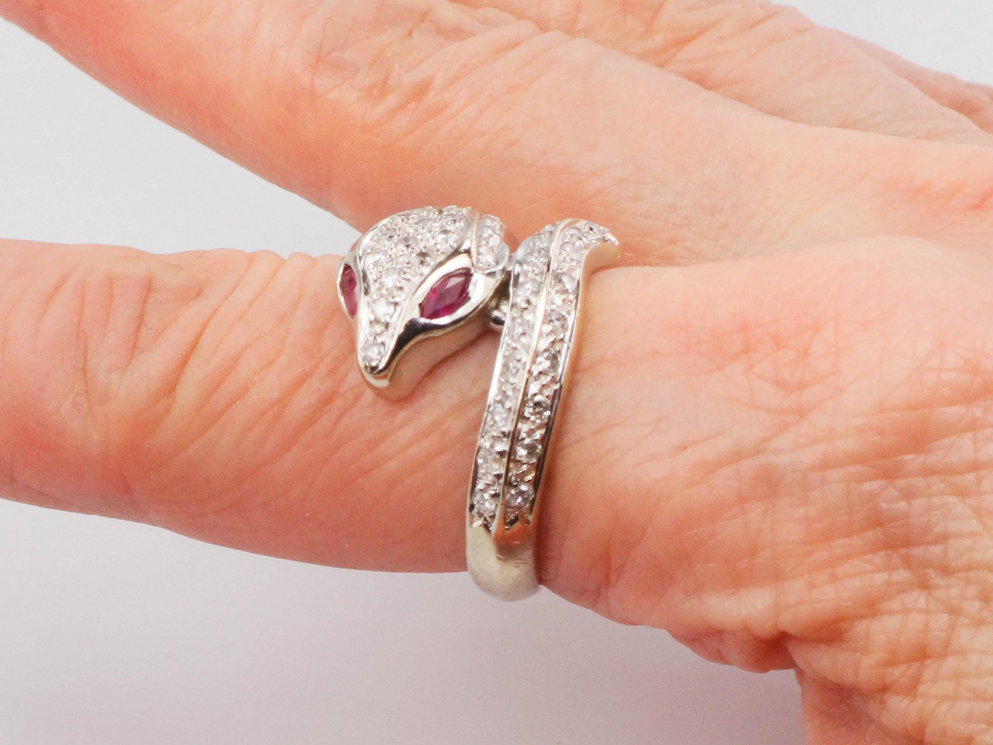 Vintage 14k White Gold Diamond and Ruby Snake Ring, Size 8