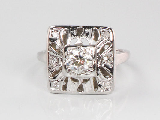 Vintage 14k White Gold Old European Cut Natural Diamond Ring Art Deco Diamond Ring Approx .50 Carat Center Diamond