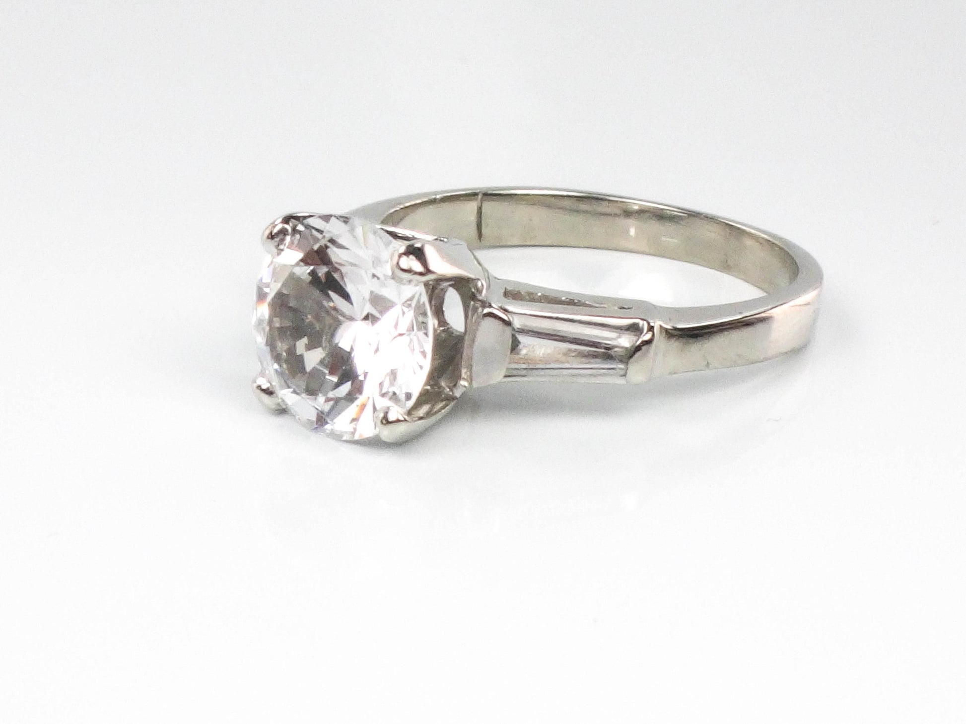 Vintage 14k Engagement Ring, Clear Spinel Ring, White Gold Imitation Diamond Ring with Baguettes, Travel Ring