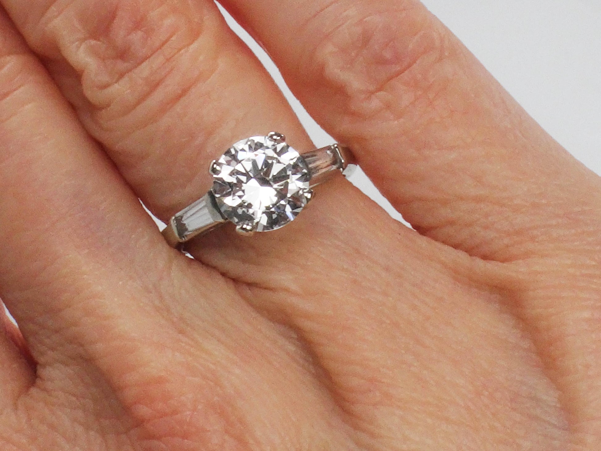 Vintage 14k Engagement Ring, Clear Spinel Ring, White Gold Imitation Diamond Ring with Baguettes, Travel Ring