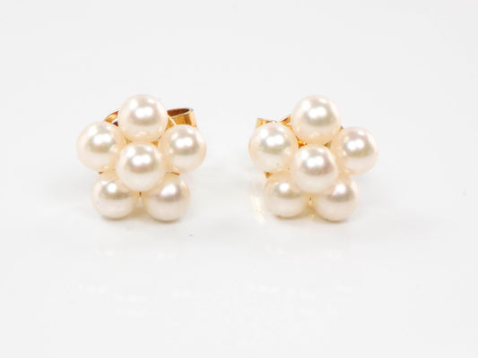 Vintage 14k Yellow Gold Cultured Pearl Daisy Stud Earrings, White Pearl Cluster Earrings, June Birthstone Bridal Earrings