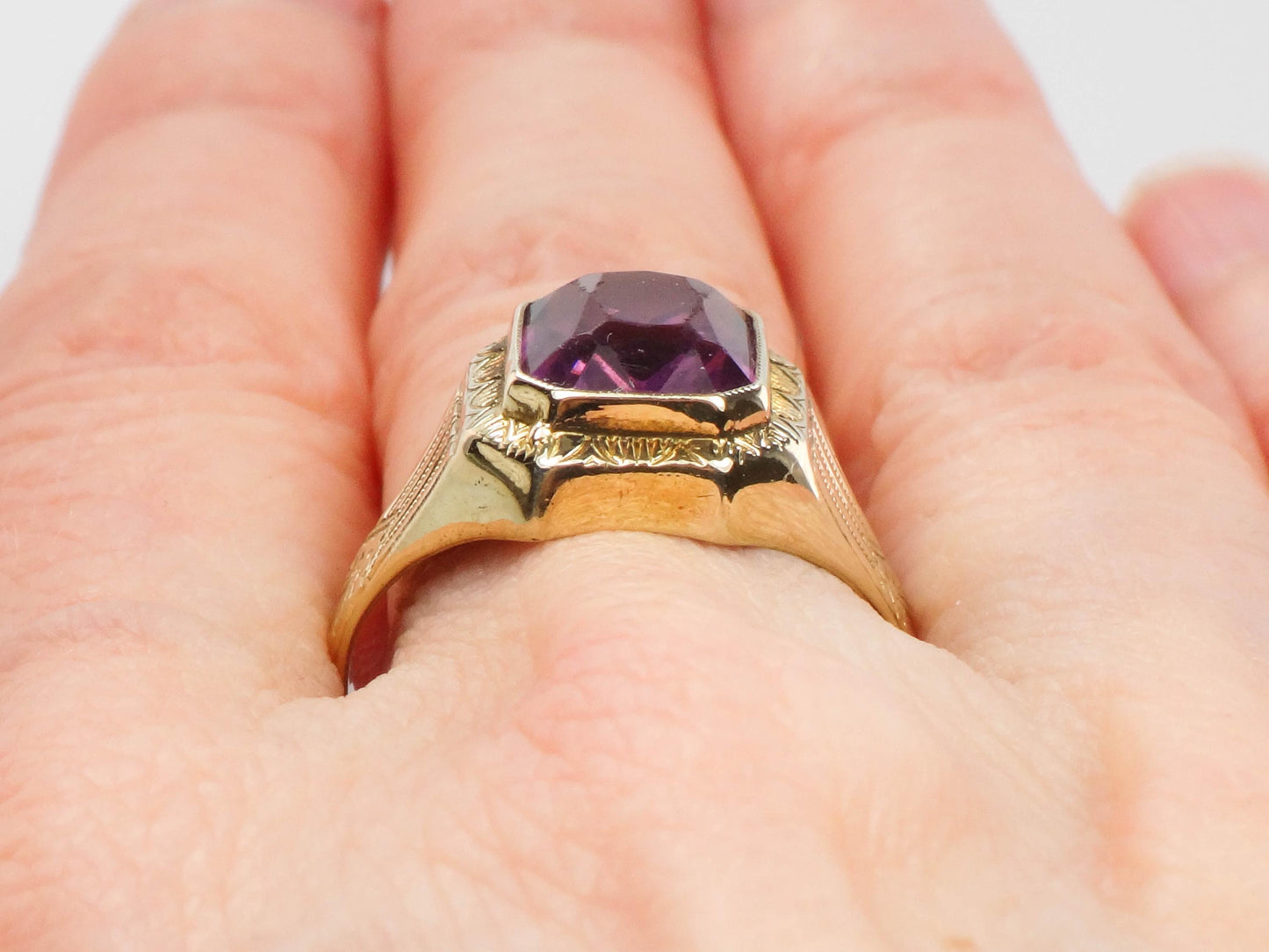 Vintage Art Deco 10k Gold Purple Glass Ring - Ostby Barton Size 8.25