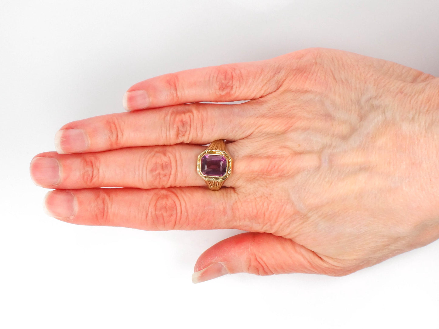 Vintage Art Deco 10k Gold Purple Glass Ring - Ostby Barton Size 8.25
