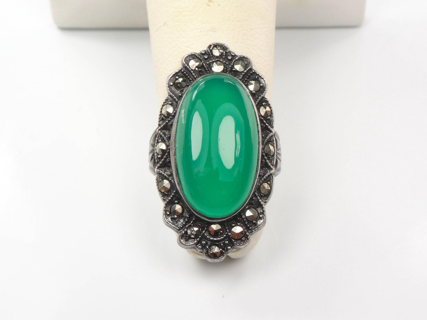 Vintage Sterling Green Glass Marcasite Ring, Sterling Silver Imitation Jade Ring, Uncas Manufacturing Co Art Deco Pinky Ring Approx Size 3.5