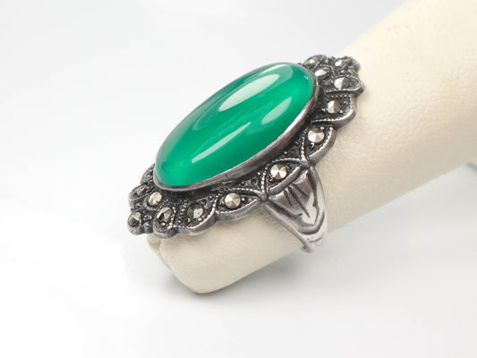 Vintage Sterling Green Glass Marcasite Ring, Sterling Silver Imitation Jade Ring, Uncas Manufacturing Co Art Deco Pinky Ring Approx Size 3.5