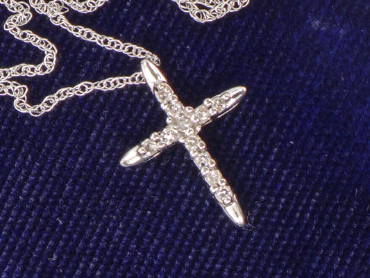 Vintage Small 10k White Gold Diamond Cross Pendant on 14k White Gold Pendant Chain, Cross Necklace 18"