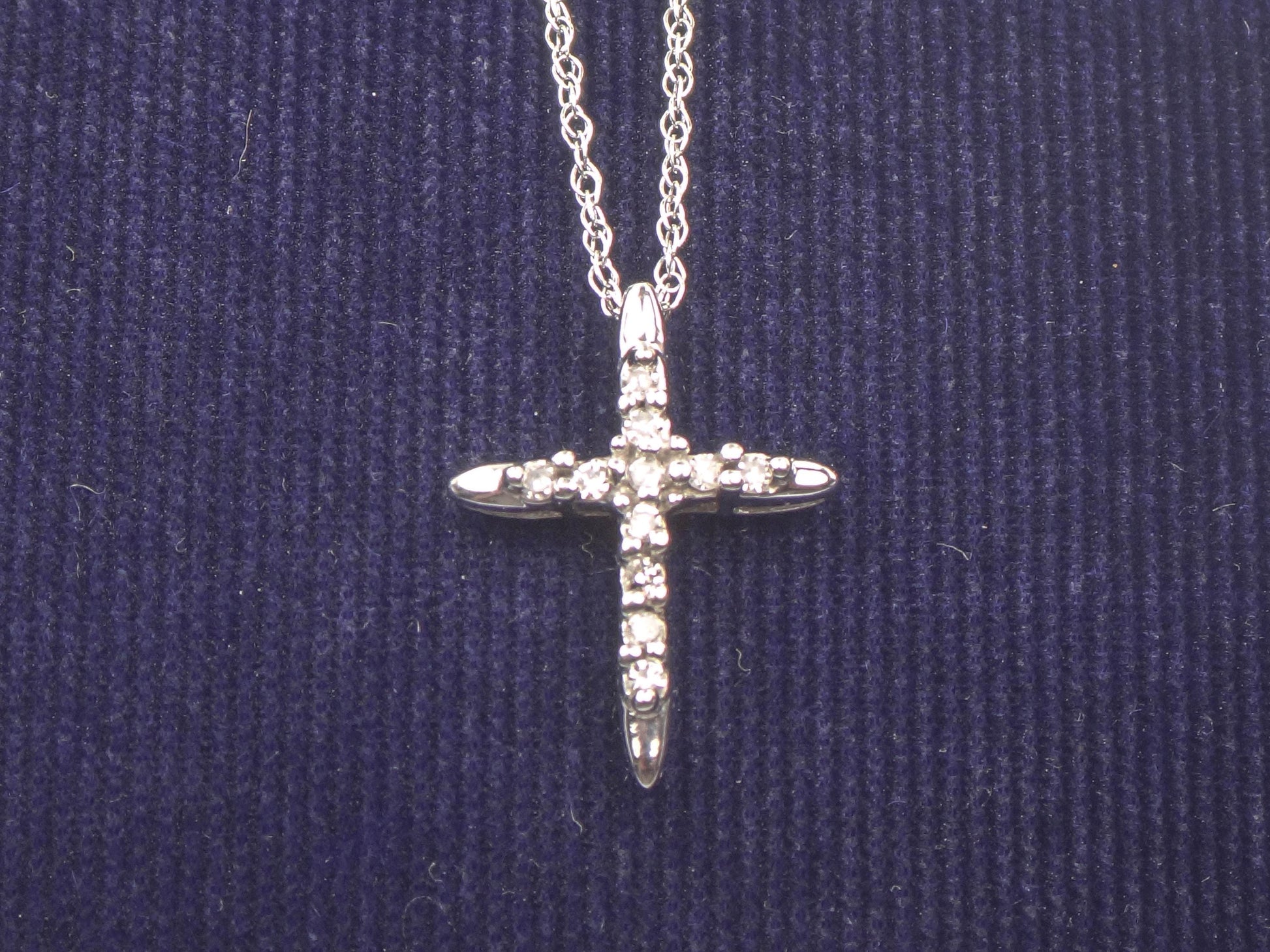 Vintage Small 10k White Gold Diamond Cross Pendant on 14k White Gold Pendant Chain, Cross Necklace 18"