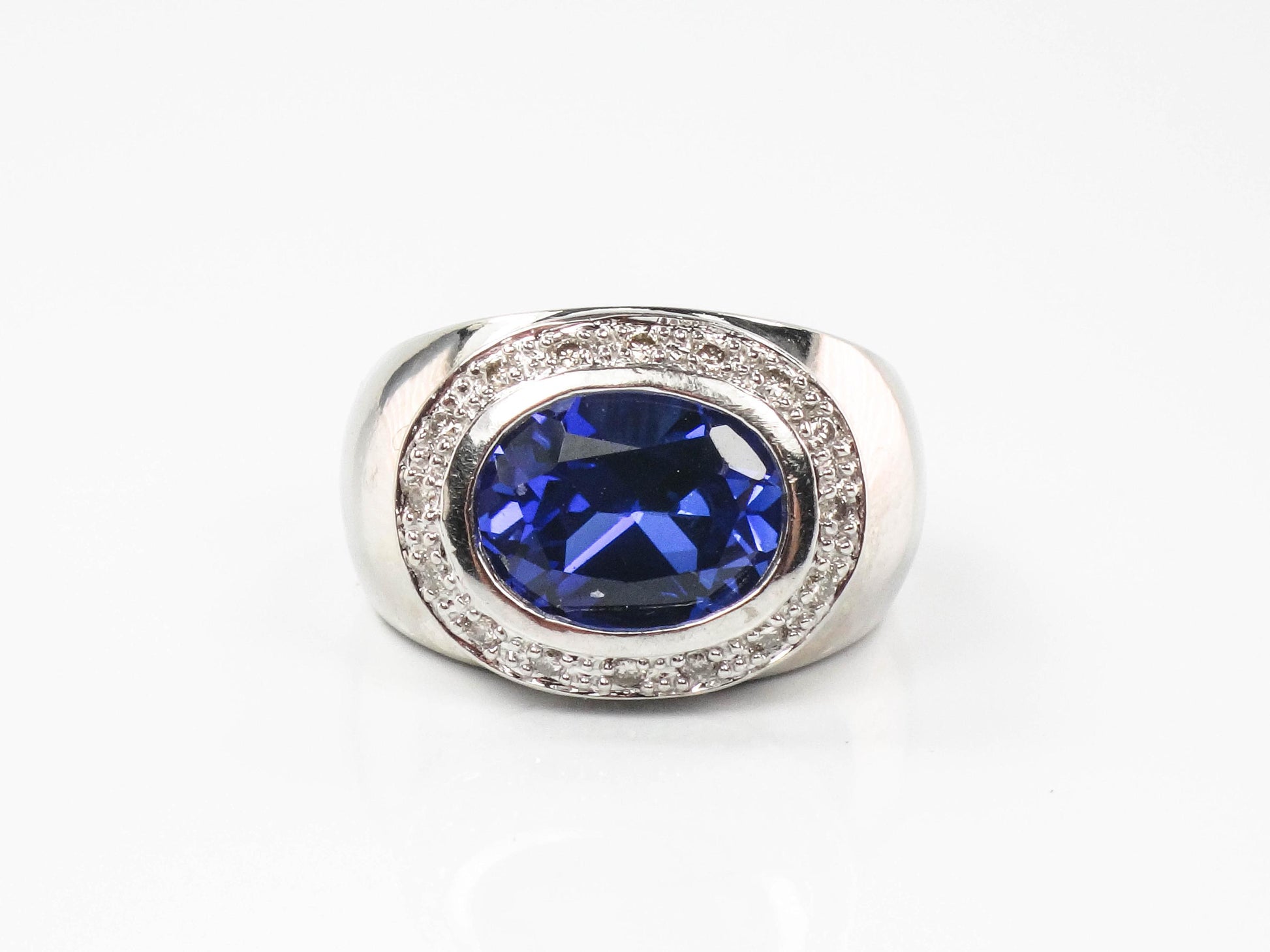 Vintage 14k White Gold Blue Sapphire Diamond Ring: Sideways Set September Birthstone, Size 4