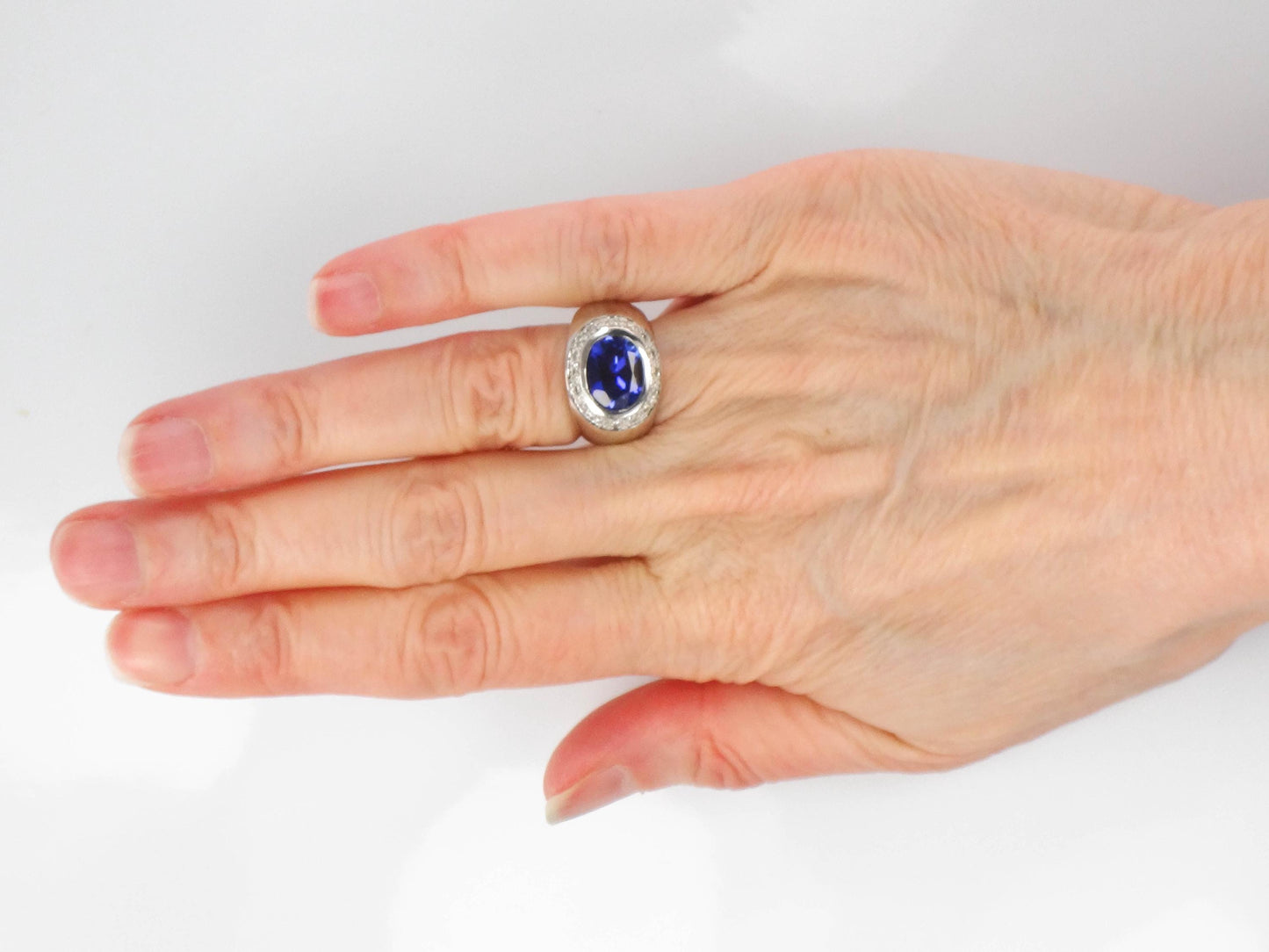 Vintage 14k White Gold Blue Sapphire Diamond Ring: Sideways Set September Birthstone, Size 4