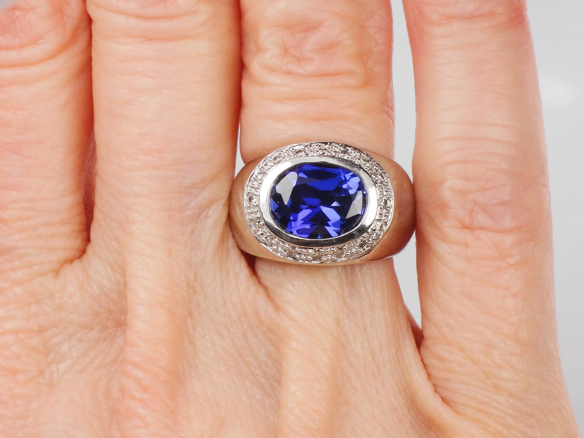 Vintage 14k White Gold Blue Sapphire Diamond Ring: Sideways Set September Birthstone, Size 4