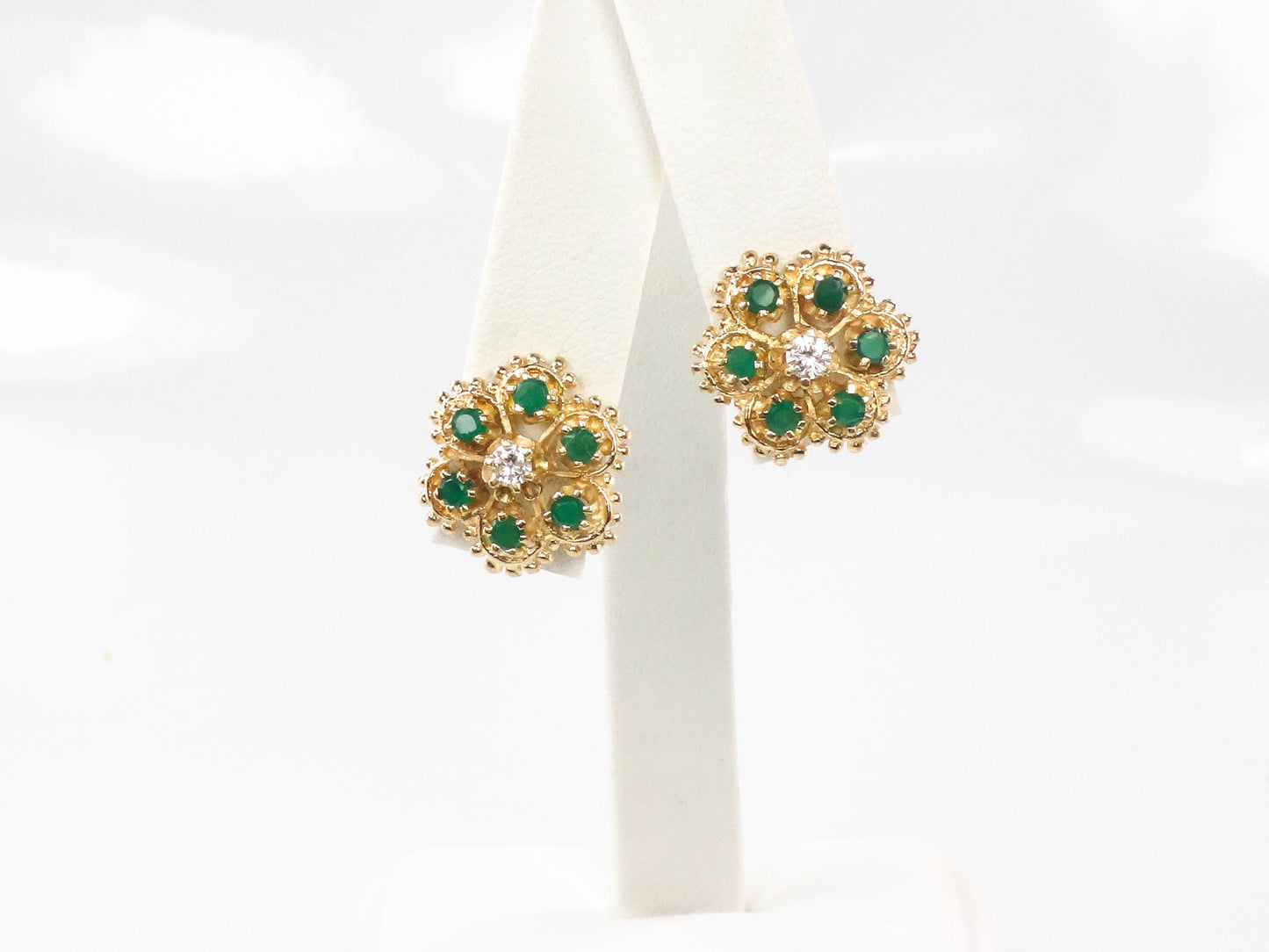Vintage 14k Yellow Gold Natural Emerald and Diamond Floral Stud Earrings - Post Back Emerald Cluster Earrings - Green May Birthstone Studs