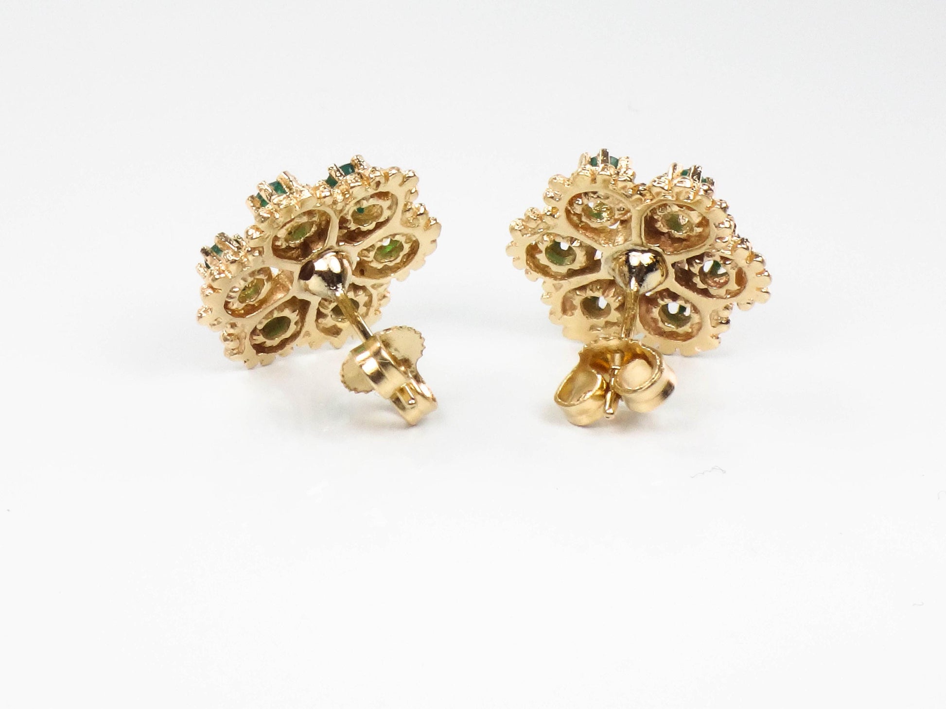 Vintage 14k Yellow Gold Natural Emerald and Diamond Floral Stud Earrings - Post Back Emerald Cluster Earrings - Green May Birthstone Studs