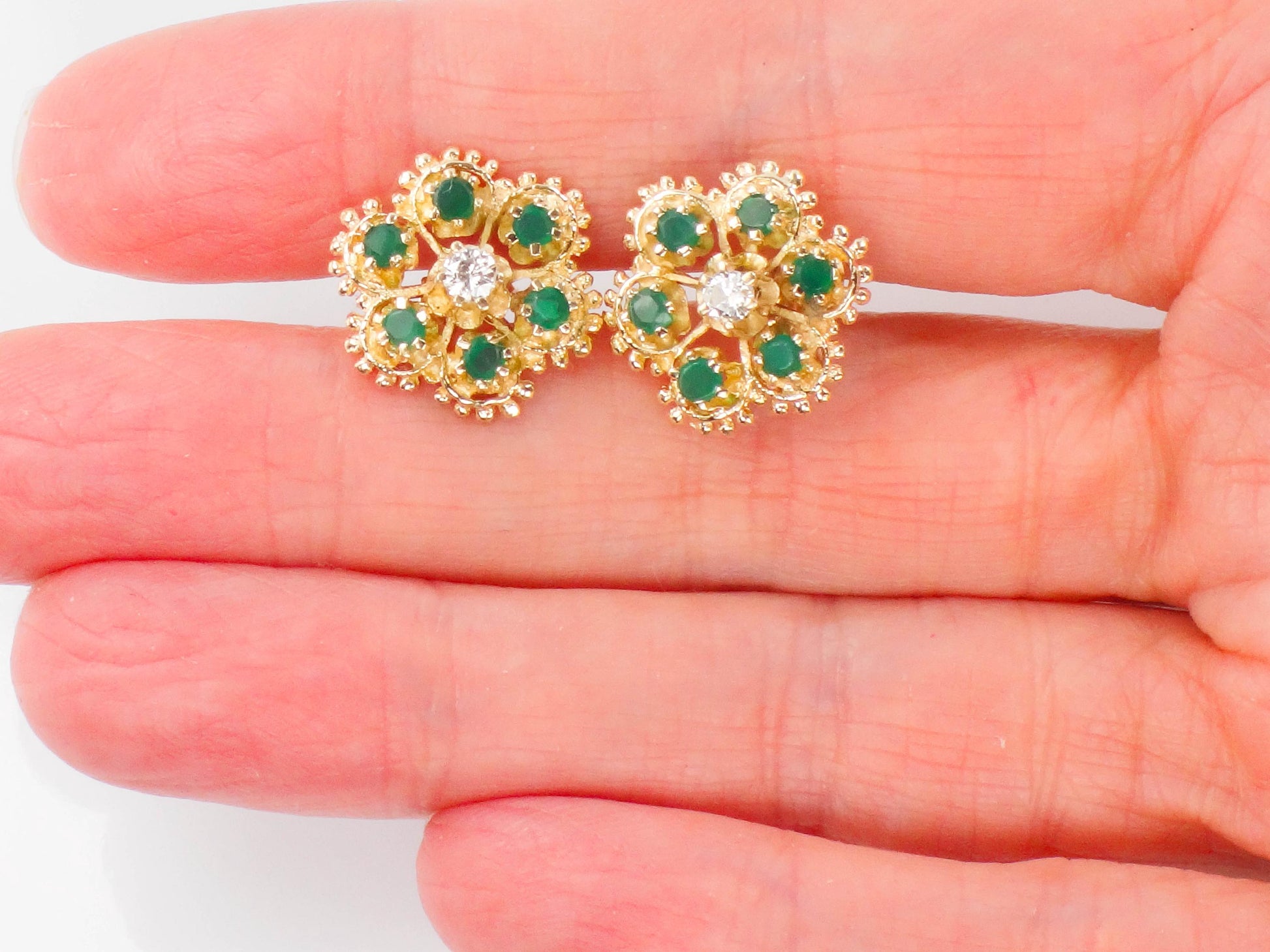 Vintage 14k Yellow Gold Natural Emerald and Diamond Floral Stud Earrings - Post Back Emerald Cluster Earrings - Green May Birthstone Studs