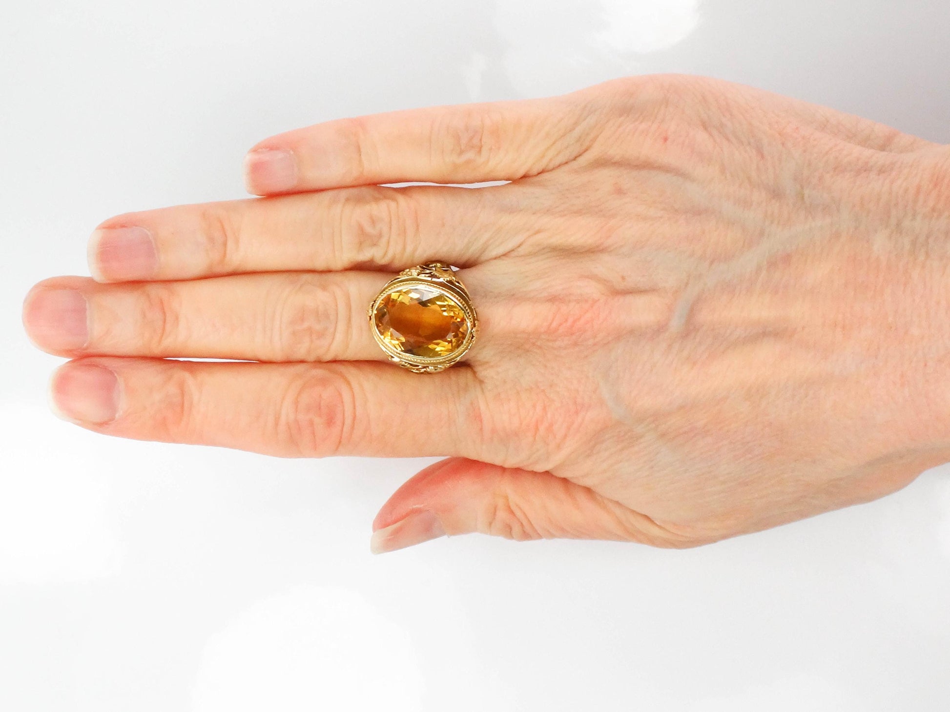 14k Citrine Ring - Art Deco Golden Stone Grapes and Leaves Design - Vintage Circa 1930's - Size 8 3/4 - Fine Jewelry