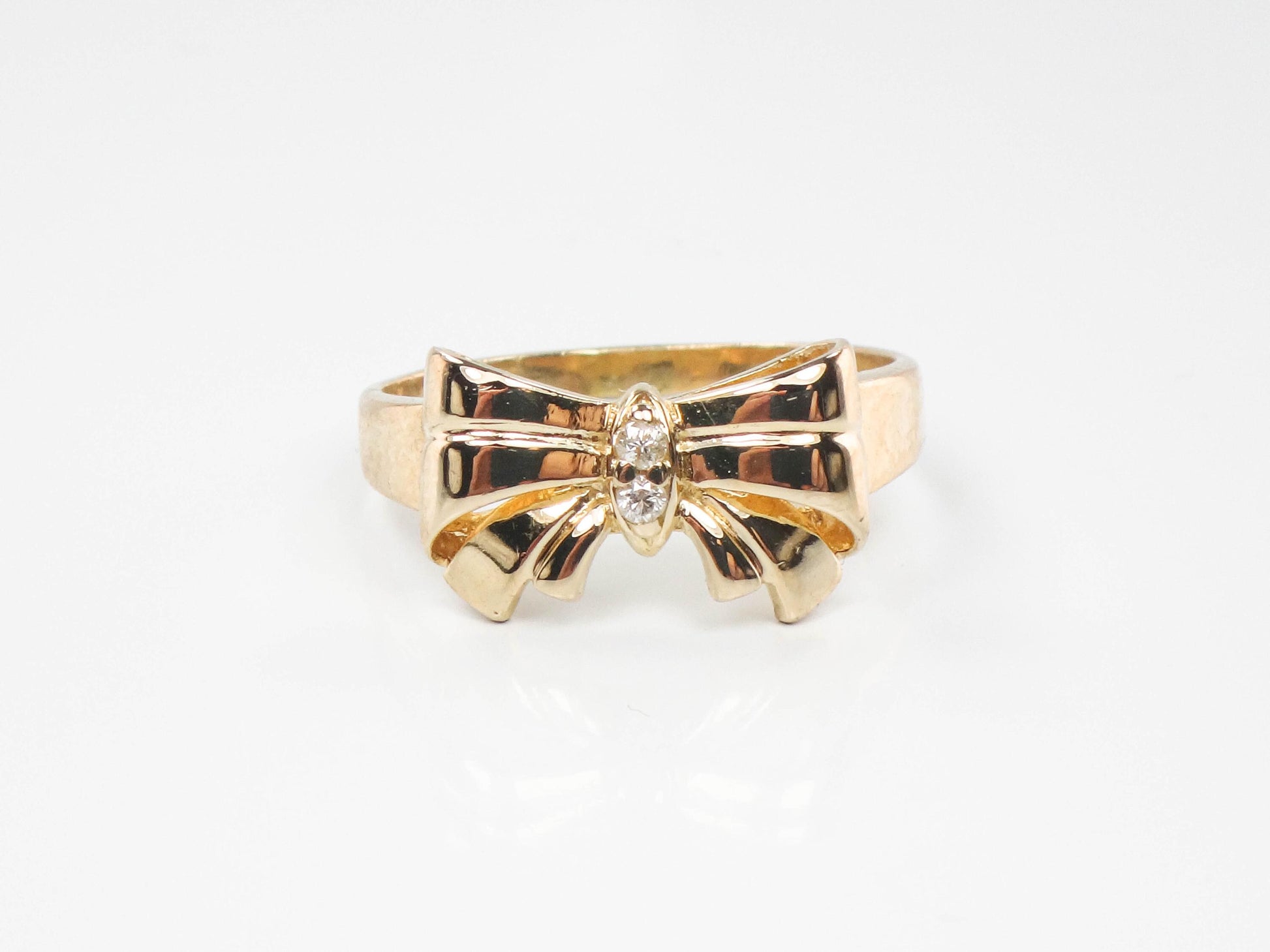 Vintage 14k Yellow Gold Diamond Bow Ring - Size 6.5