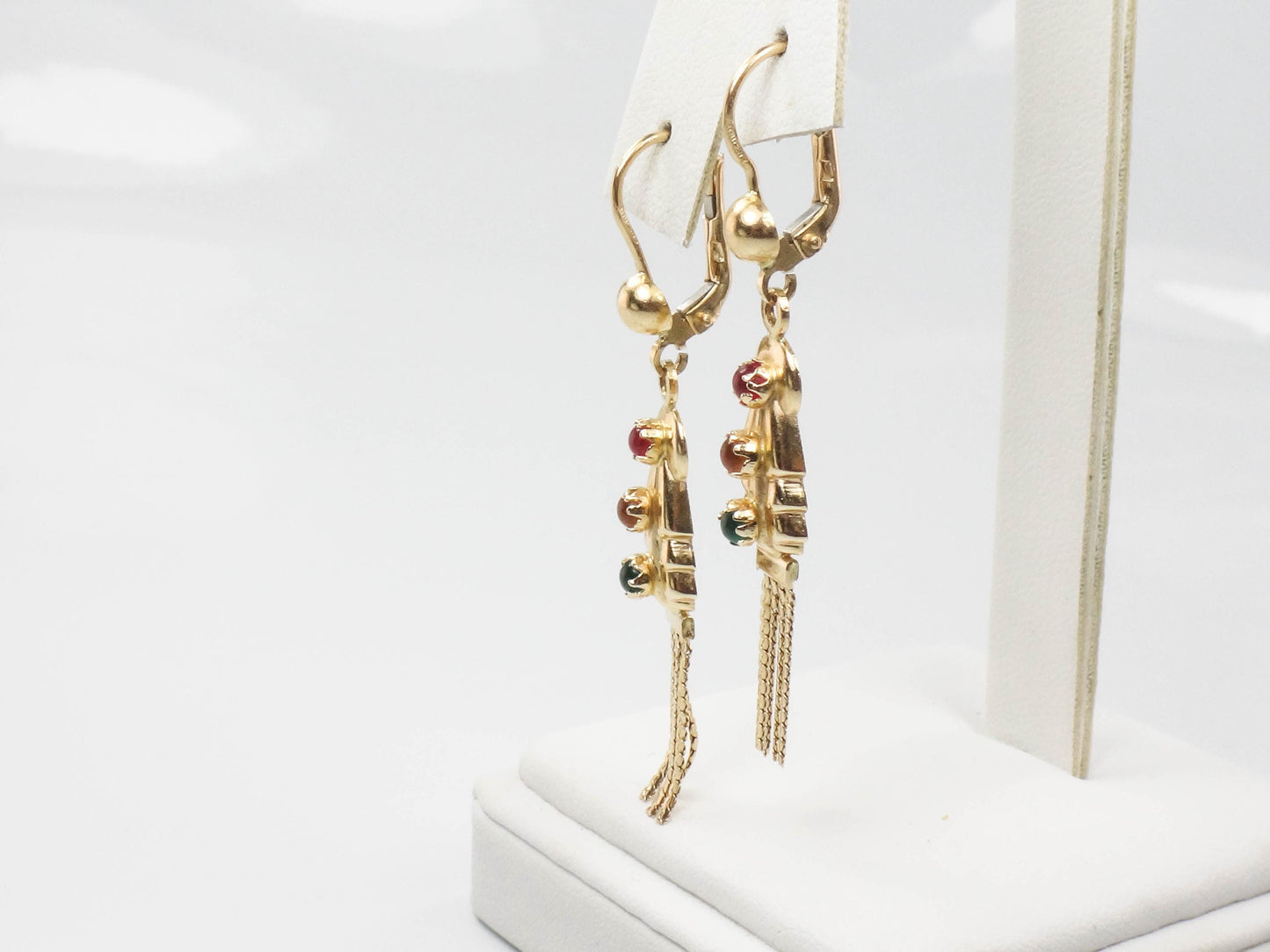 Fringe Dangle Earrings - Vintage 14k Yellow Gold Boho Style Multi-Color Glass Earrings with Lever Backs