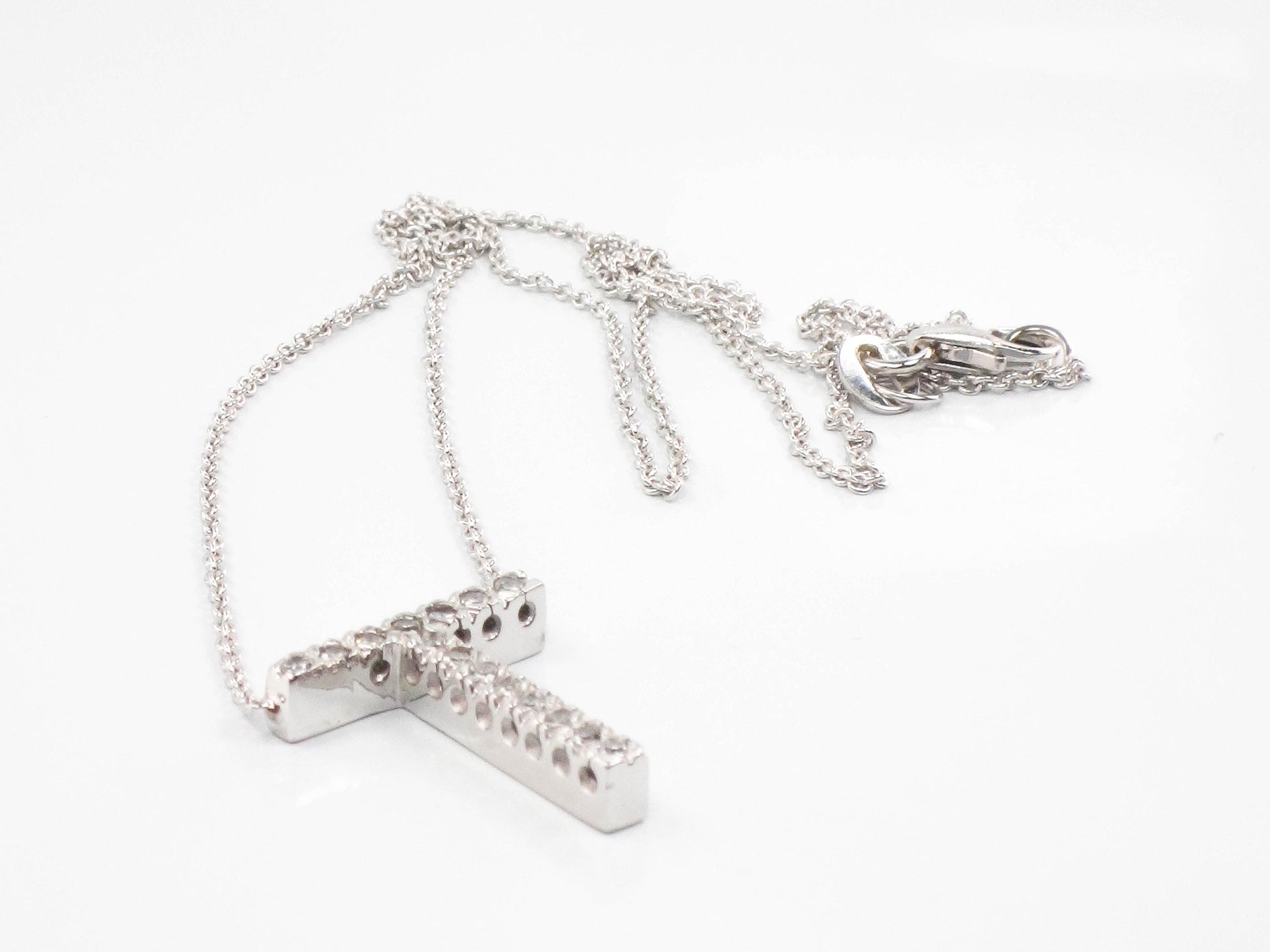 Vintage 14k White Gold Letter T Diamond Necklace, Initial T Necklace 16.5"
