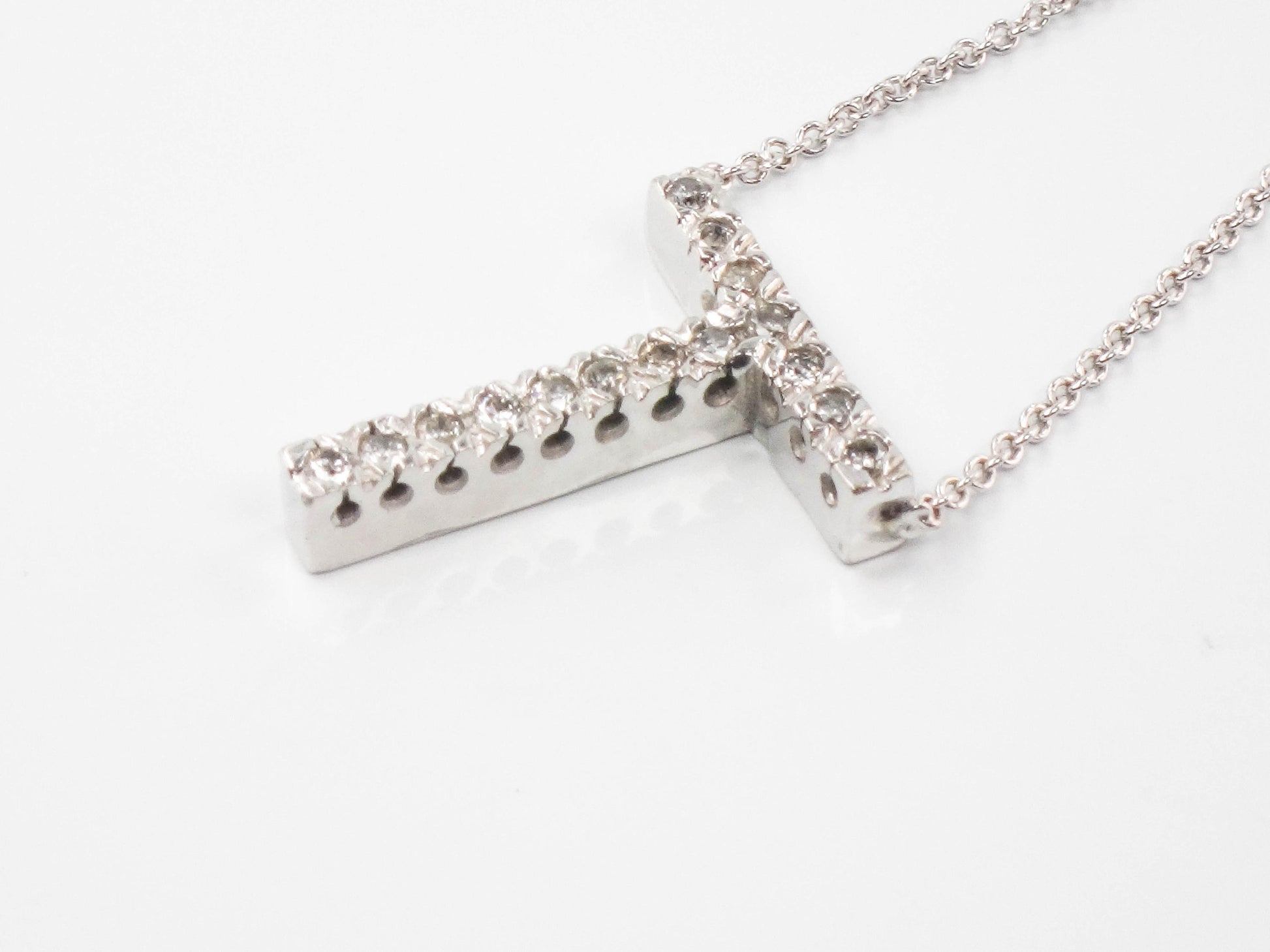 Vintage 14k White Gold Letter T Diamond Necklace, Initial T Necklace 16.5"