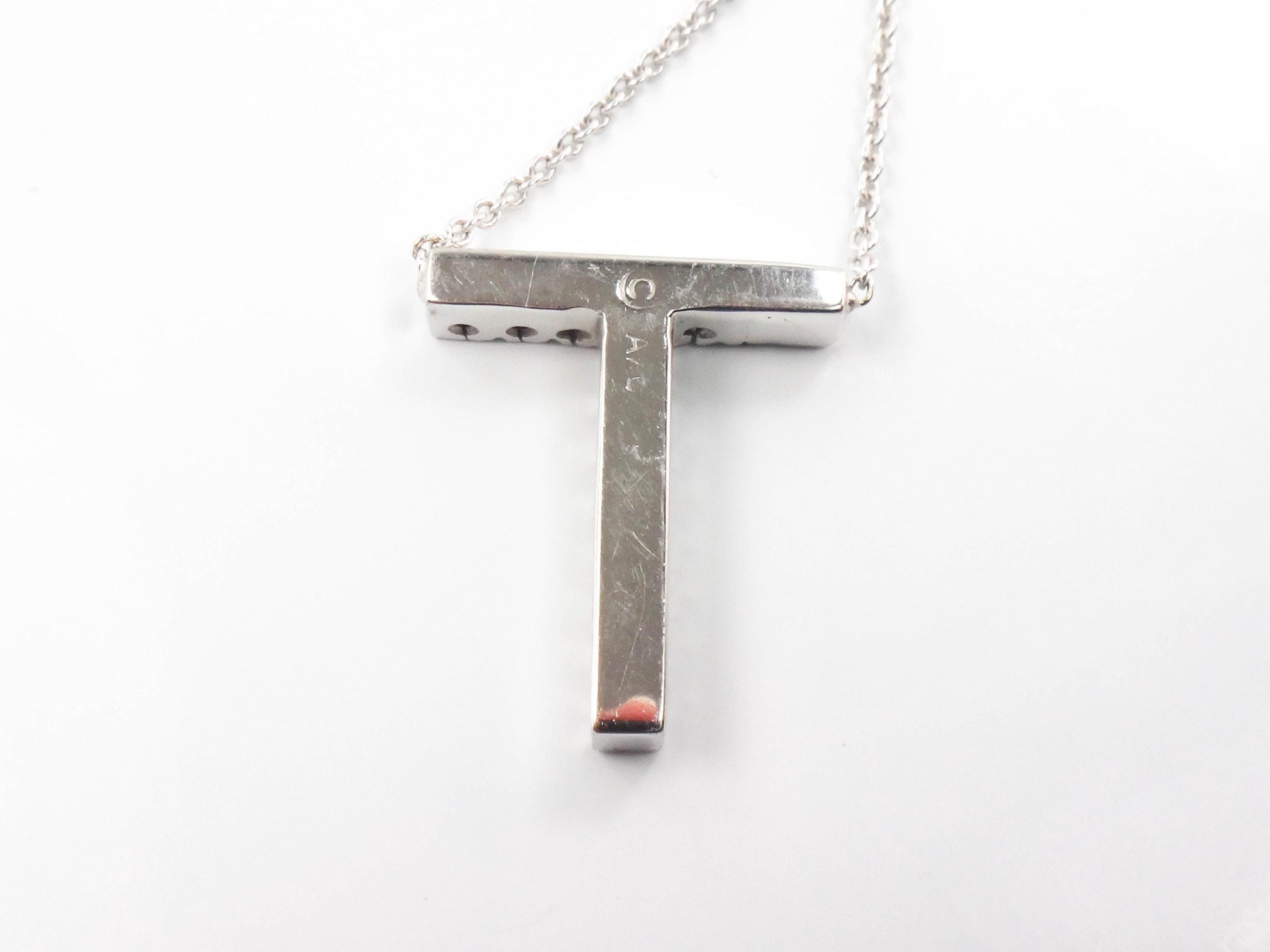 Vintage 14k White Gold Letter T Diamond Necklace, Initial T Necklace 16.5"