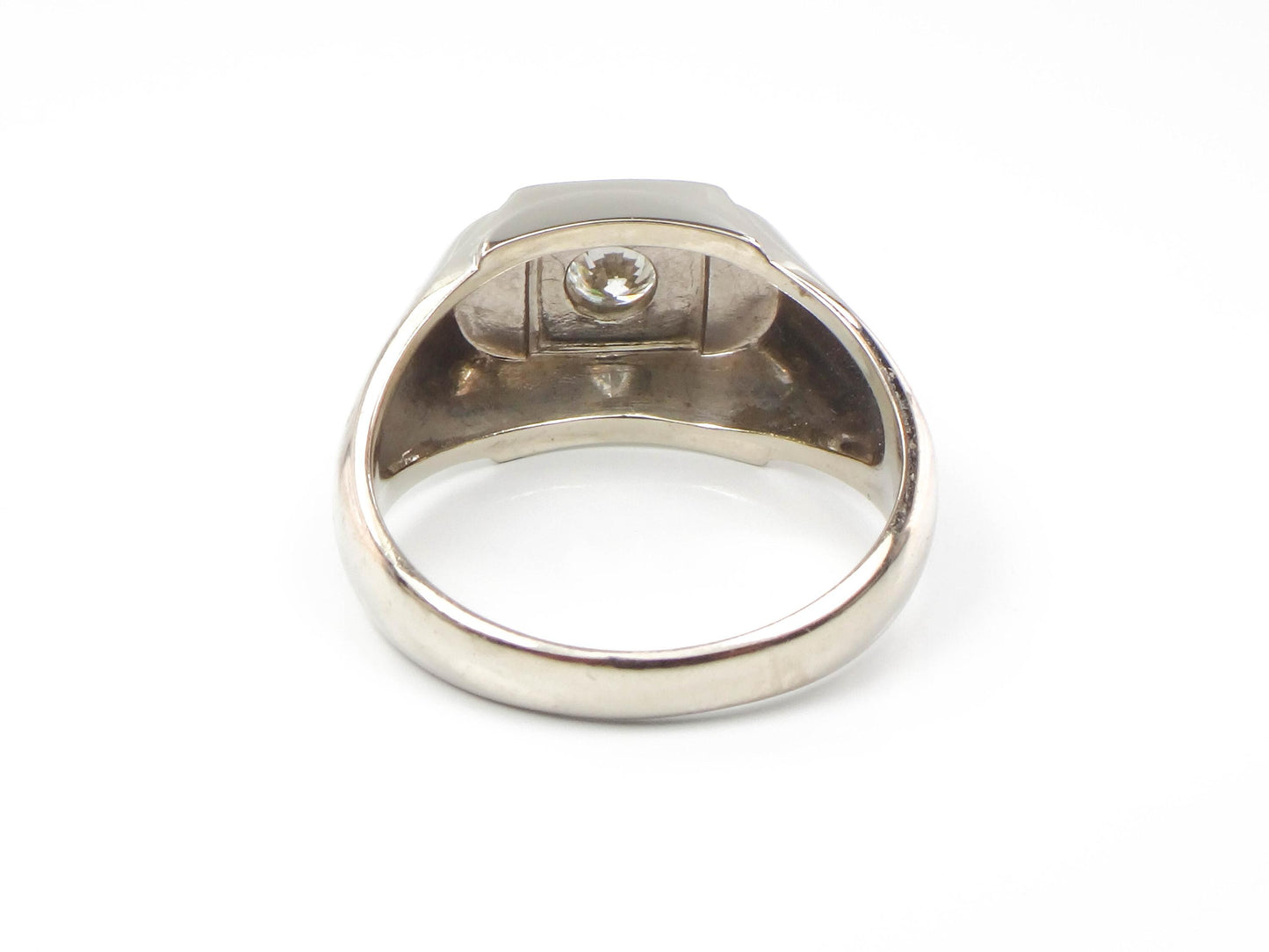 14k White Gold Men's Diamond Ring - Art Carved Wood Natural Gem Solitaire Engagement Jewelry - Circa 1960's- Size 9.75