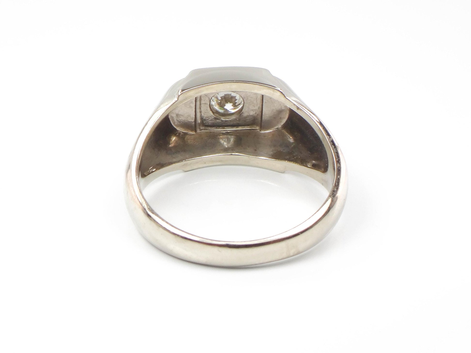 14k White Gold Men's Diamond Ring - Art Carved Wood Natural Gem Solitaire Engagement Jewelry - Circa 1960's- Size 9.75