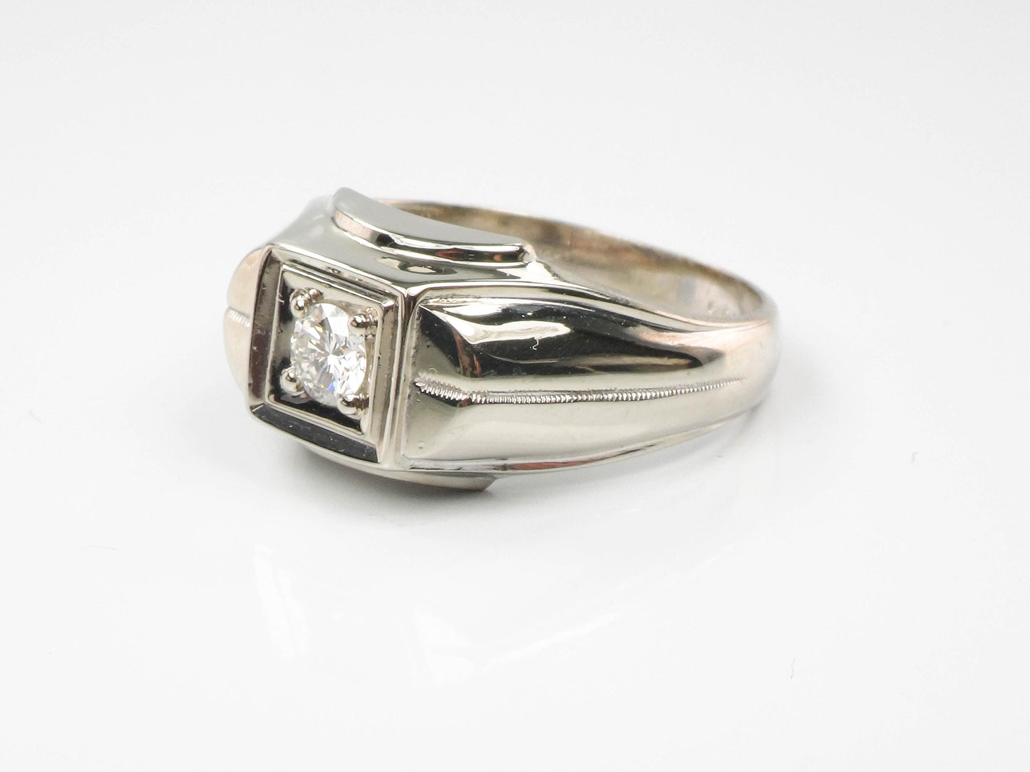 14k White Gold Men's Diamond Ring - Art Carved Wood Natural Gem Solitaire Engagement Jewelry - Circa 1960's- Size 9.75