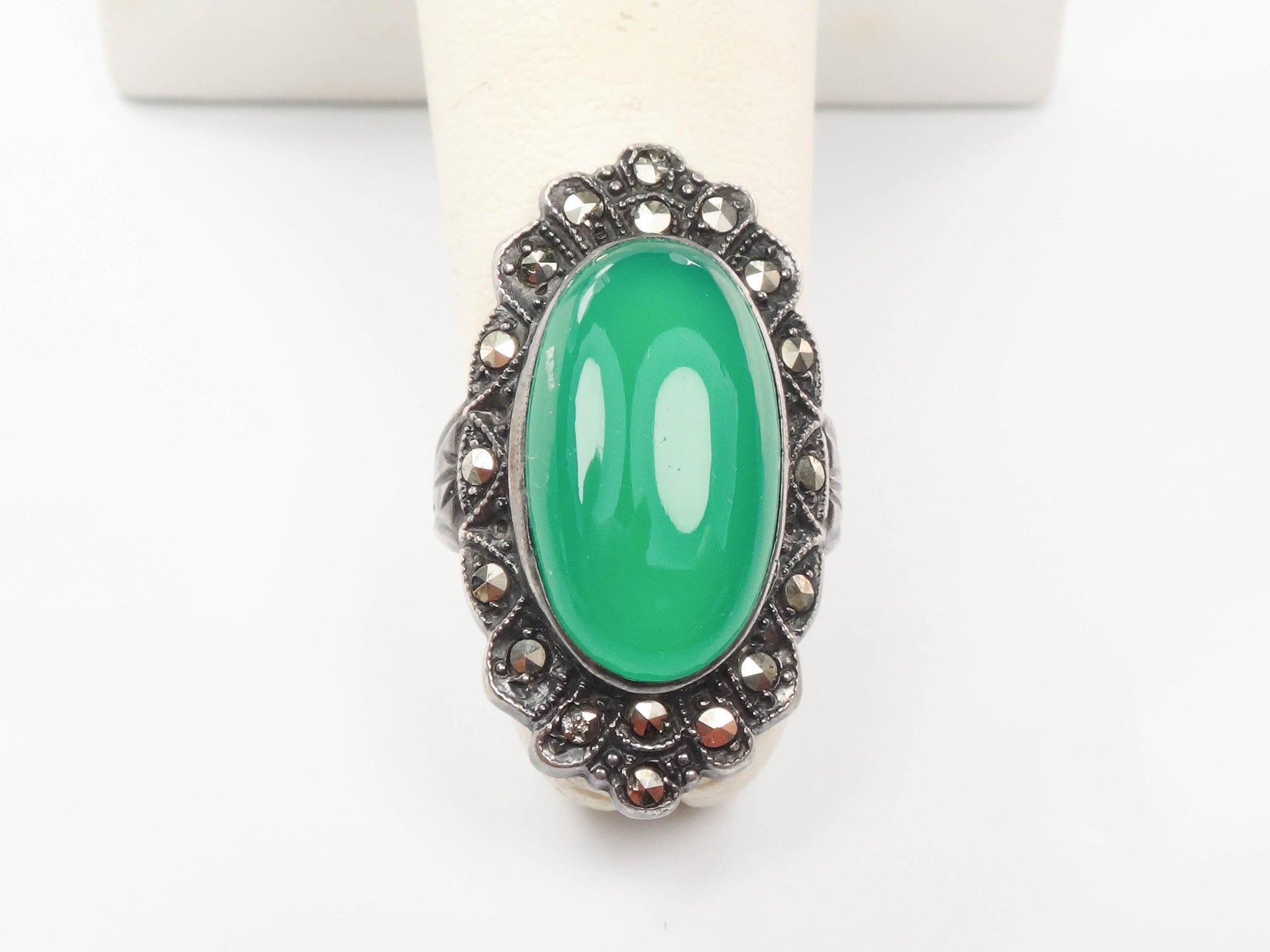 Vintage Sterling Green Glass Marcasite Ring, Sterling Silver Imitation Jade Ring, Uncas Manufacturing Co Art Deco Pinky Ring Approx Size 3.5