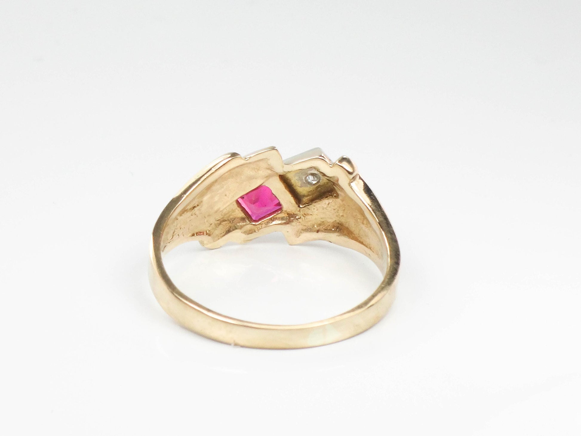 Vintage 14k Yellow Gold Ruby and Diamond Ring - Red July Birthstone Retro Style Circa 1960's - Size 5.5